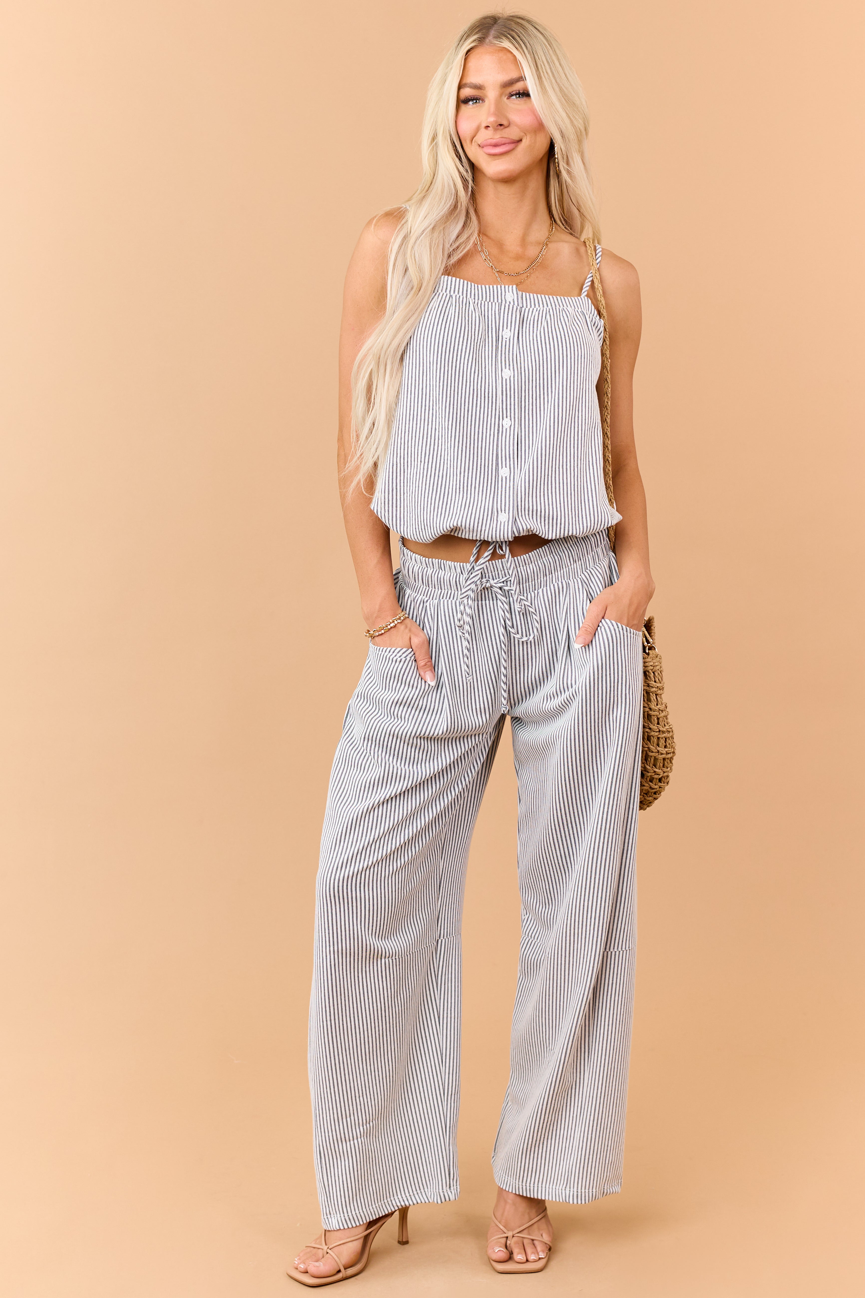 Navy and Cream Striped Wide Leg Pants