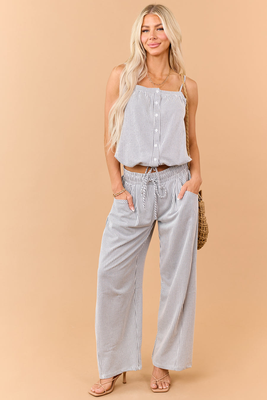 Navy and Cream Striped Wide Leg Pants