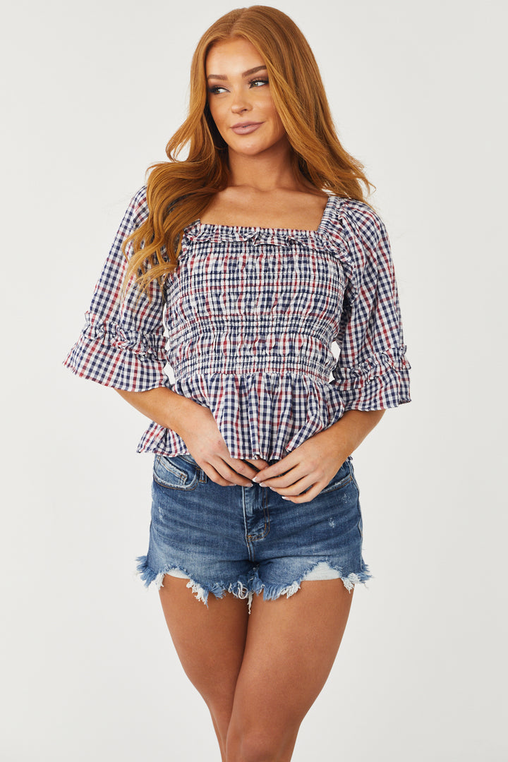 Navy and Ruby Gingham Smocked Peplum Top