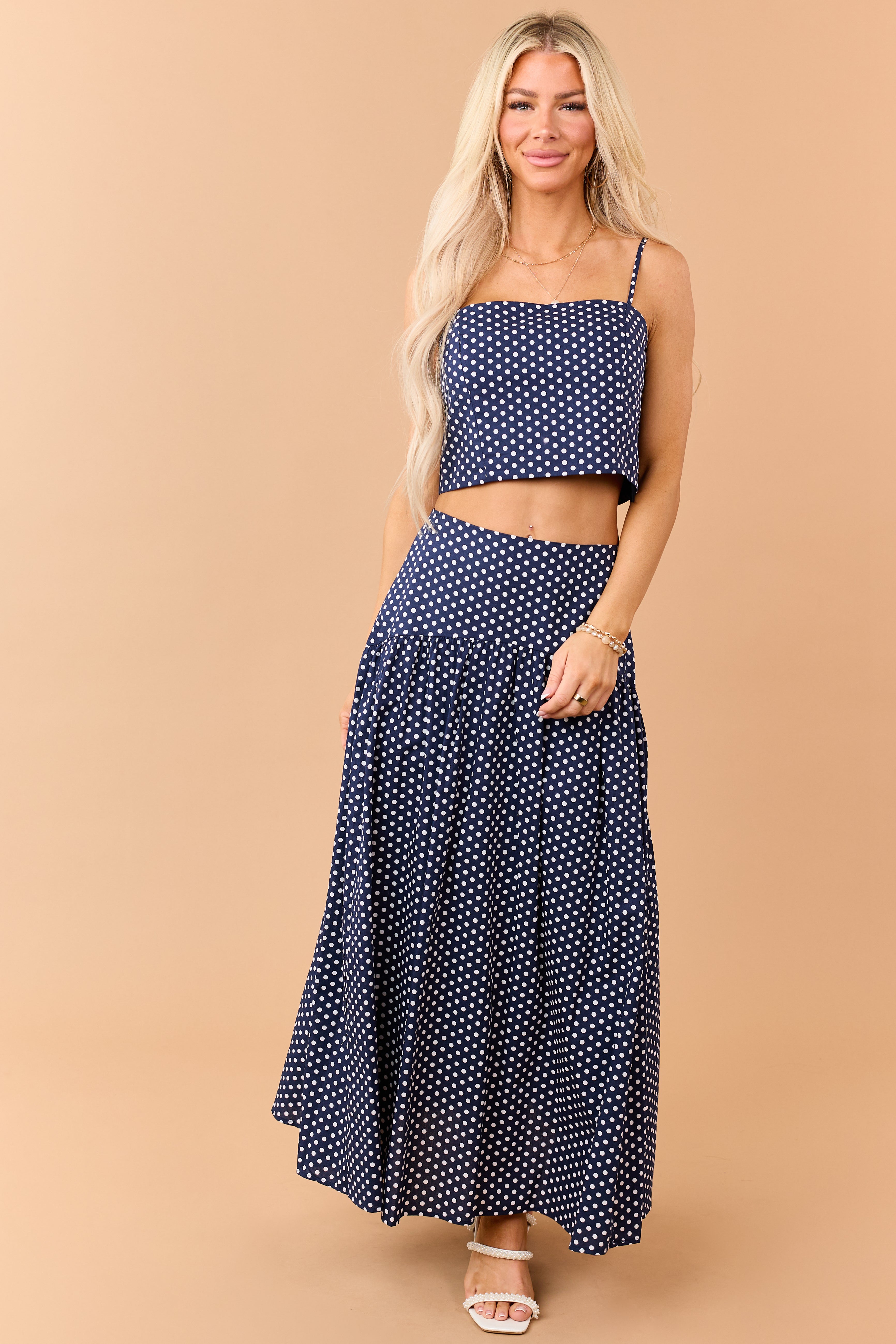 Navy and White Polka Dot Cotton Maxi Skirt