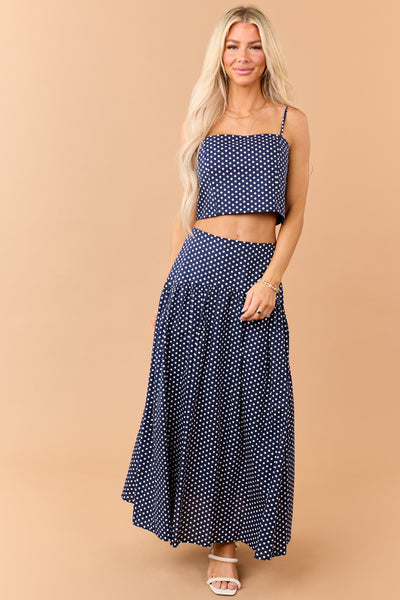 Navy and White Polka Dot Cotton Maxi Skirt