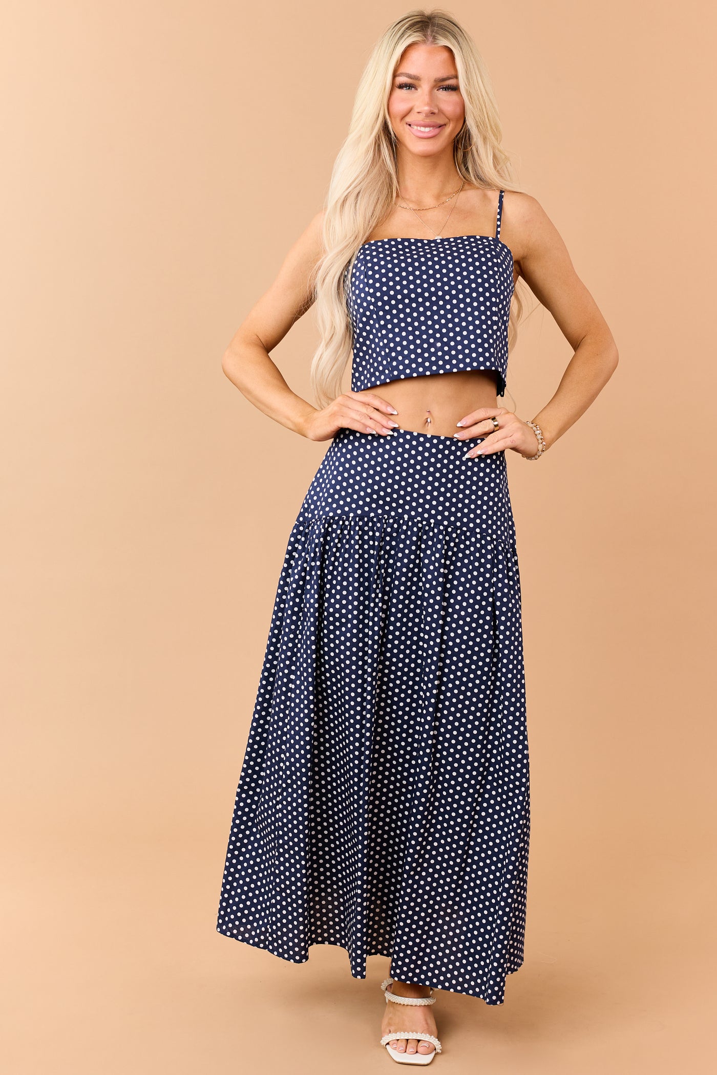Navy and White Polka Dot Cotton Maxi Skirt