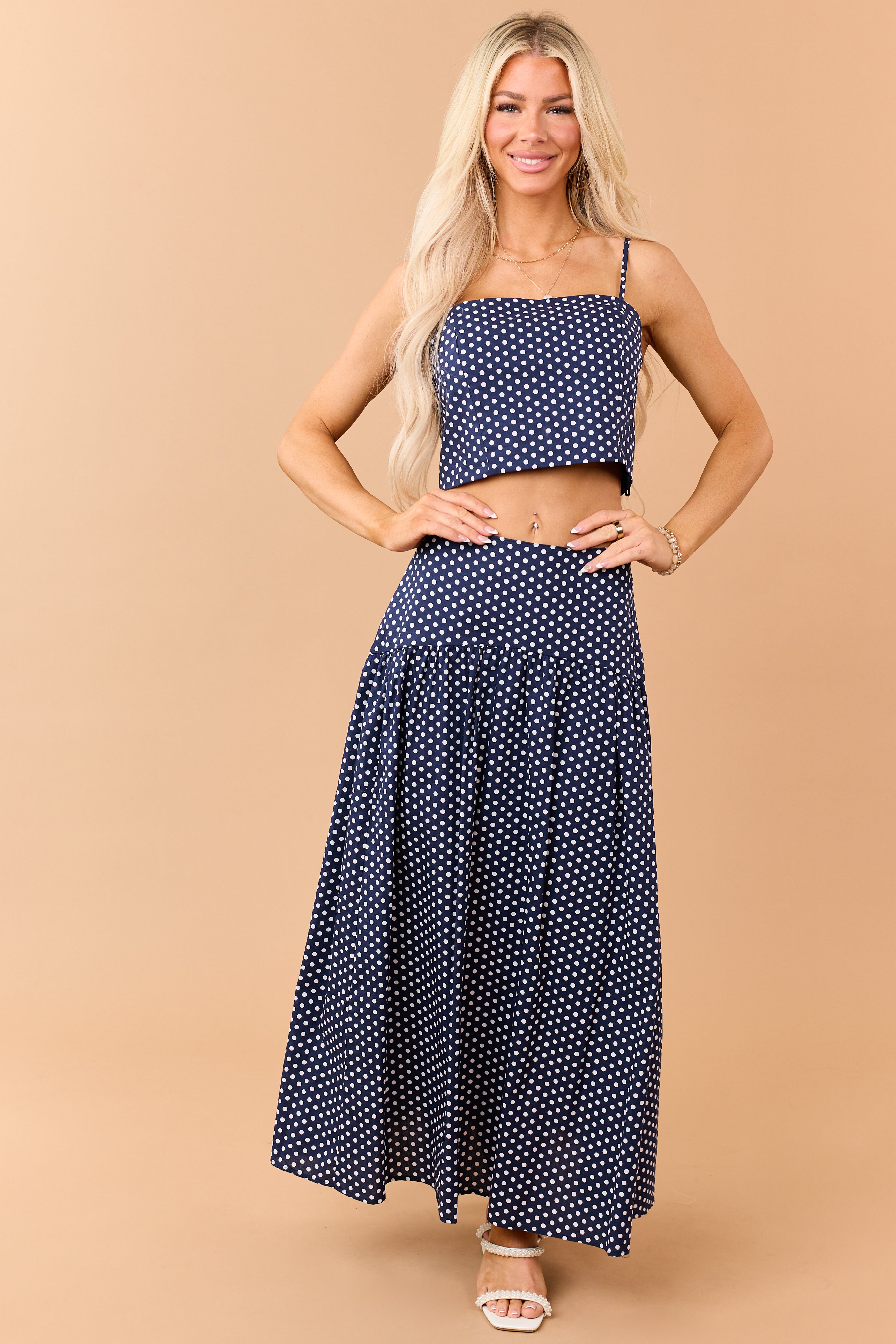 Navy and White Polka Dot Cotton Maxi Skirt