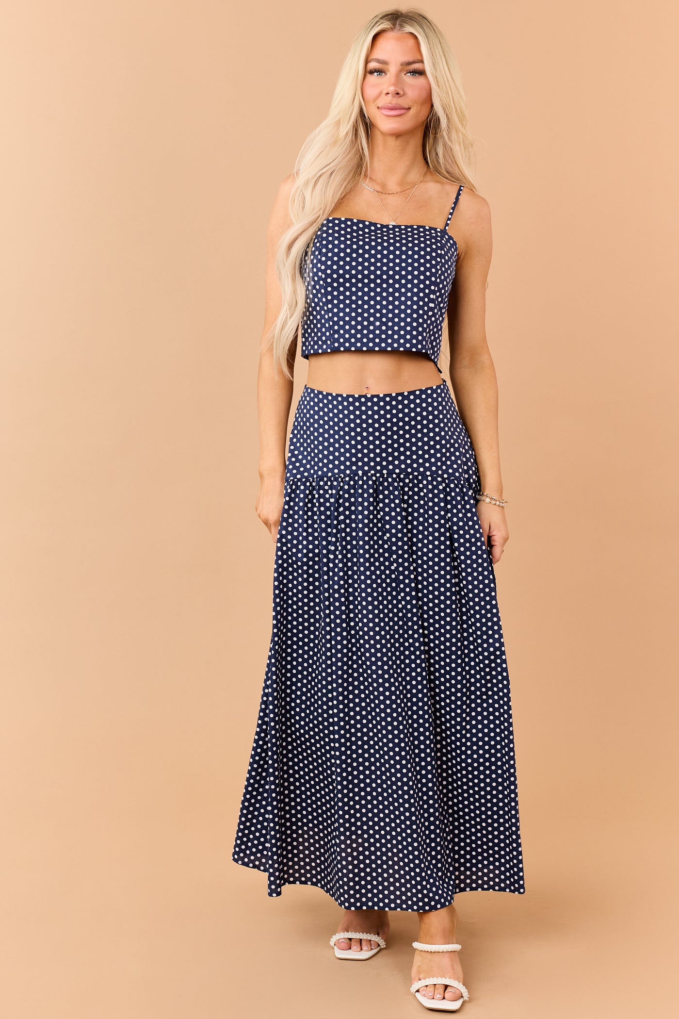 Navy and White Polka Dot Cotton Maxi Skirt