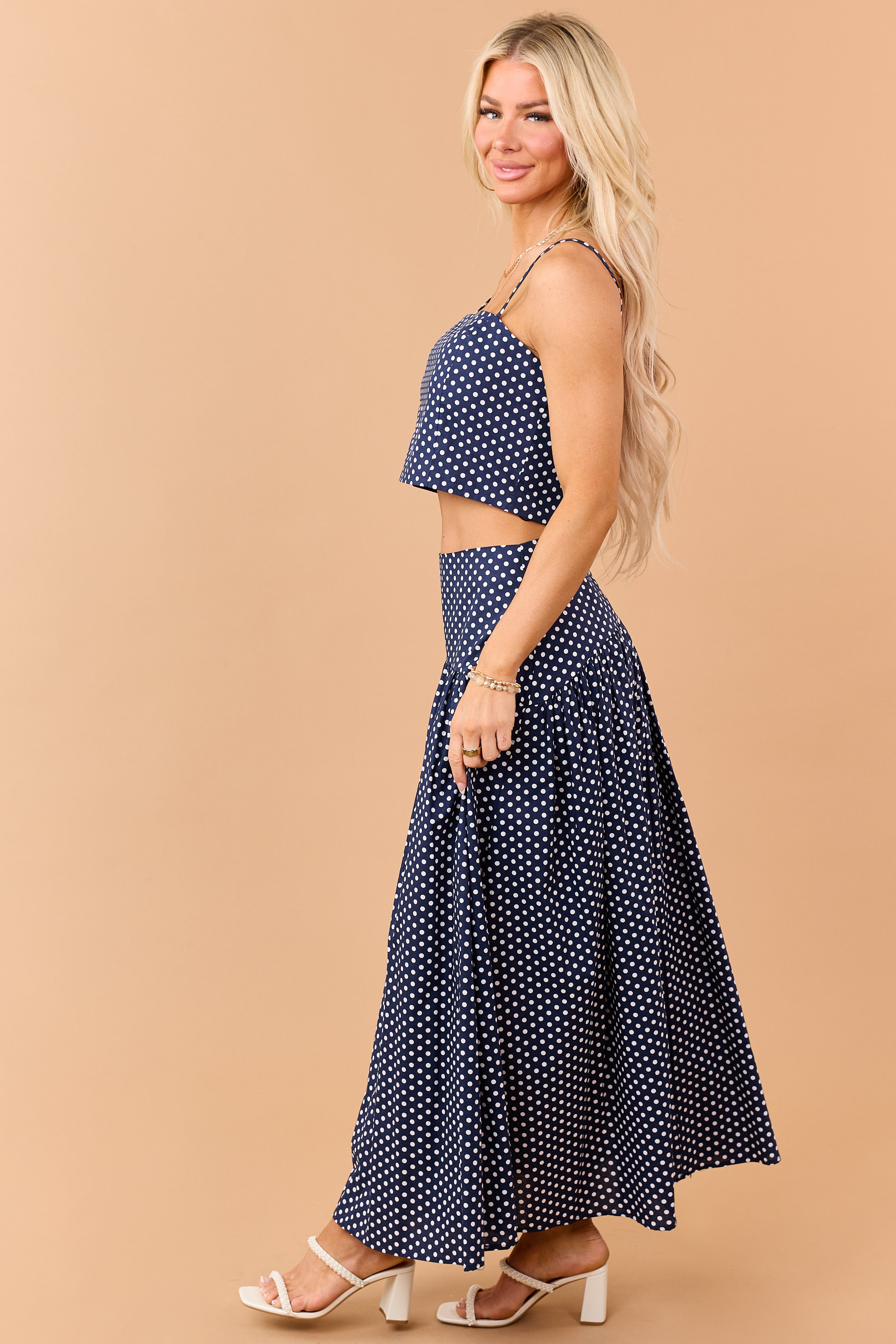 Navy and White Polka Dot Cotton Maxi Skirt