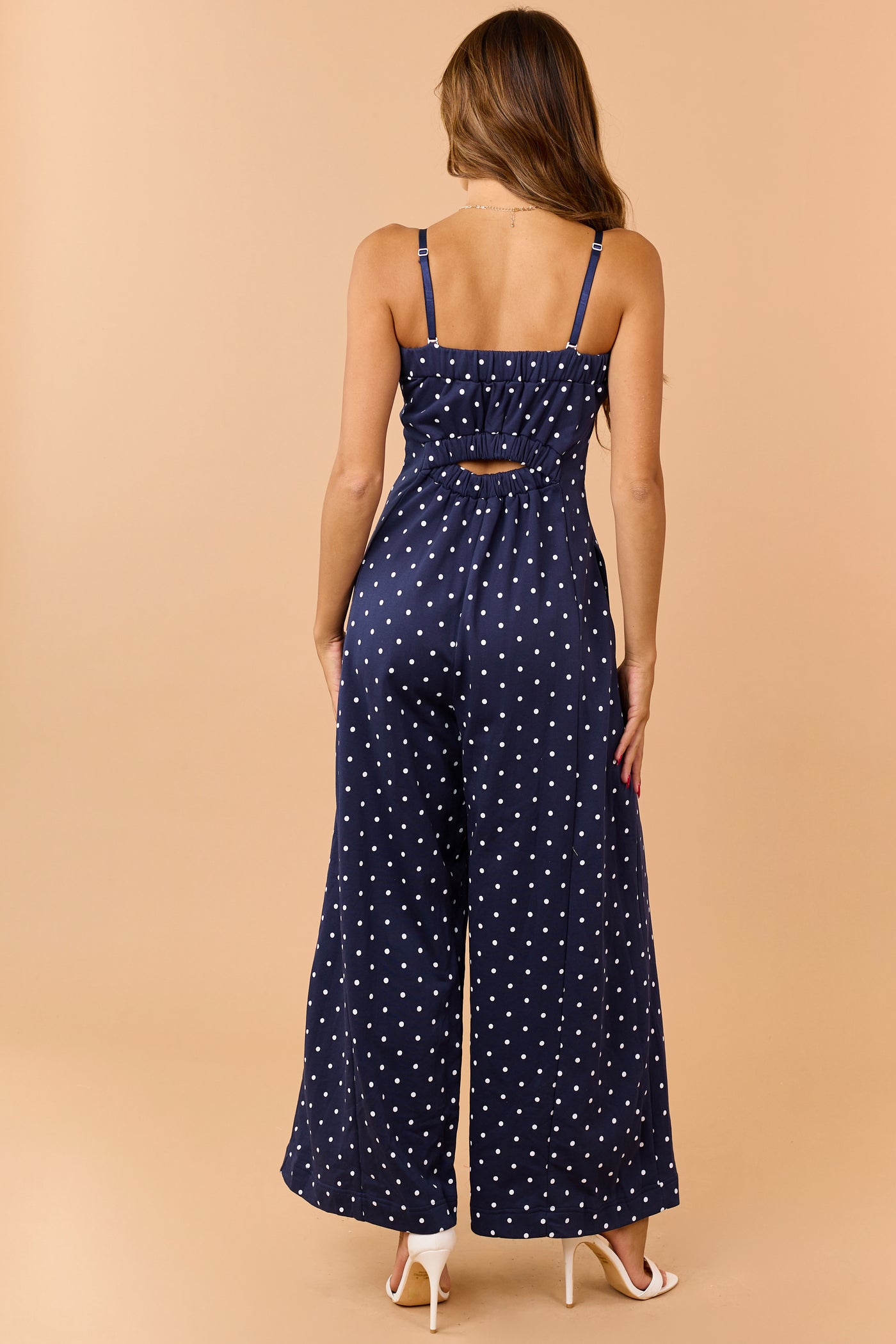 Navy and White Polka Dot Knit Wide Leg Jumpsuit