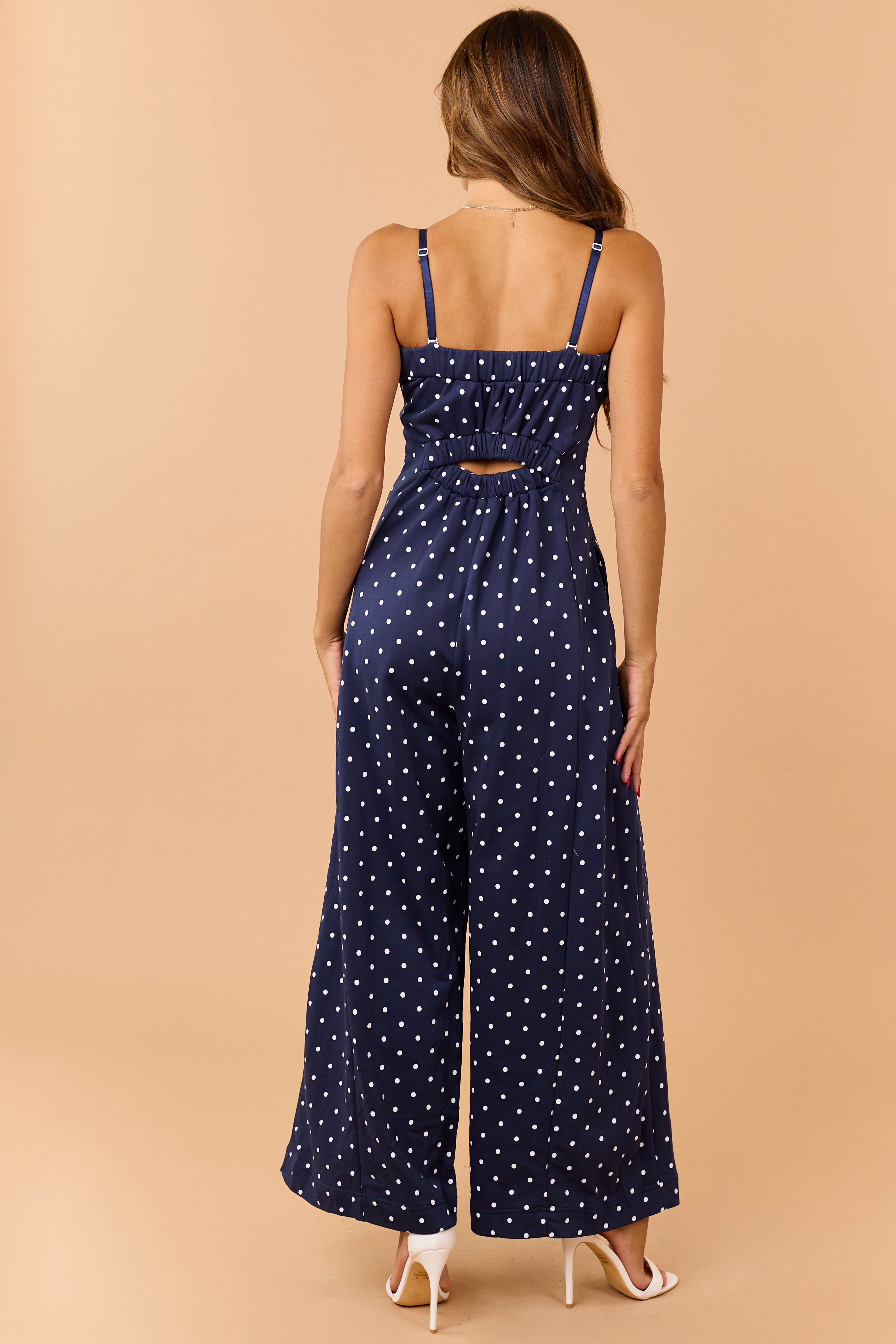 Navy and White Polka Dot Knit Wide Leg Jumpsuit