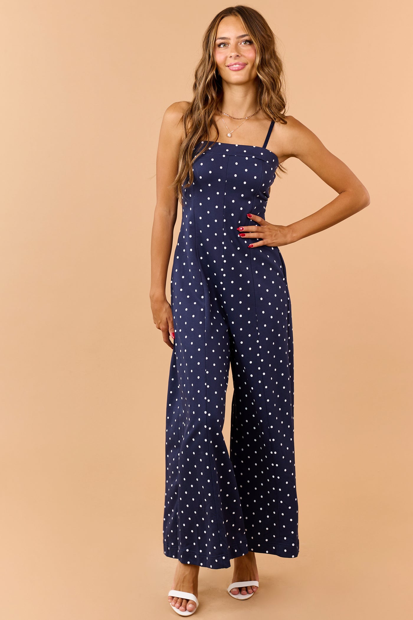 Navy and White Polka Dot Knit Wide Leg Jumpsuit