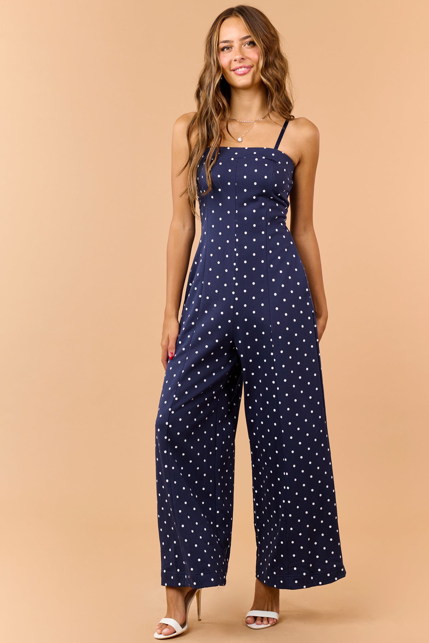 Navy and White Polka Dot Knit Wide Leg Jumpsuit