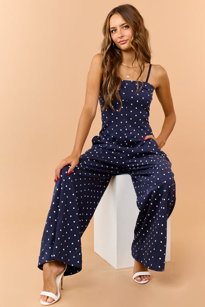 Navy and White Polka Dot Knit Wide Leg Jumpsuit