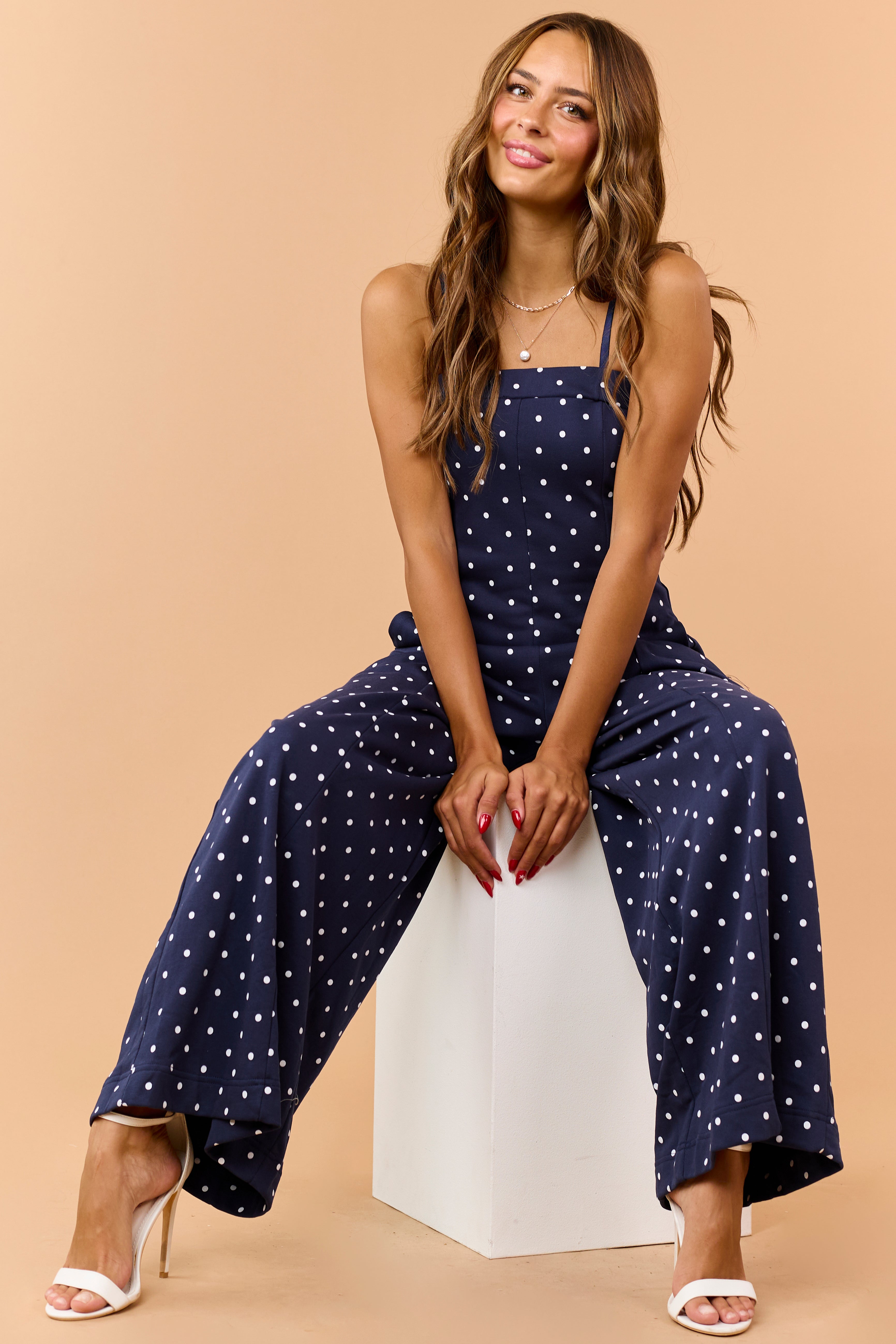 Navy and White Polka Dot Knit Wide Leg Jumpsuit | Lime Lush Boutique