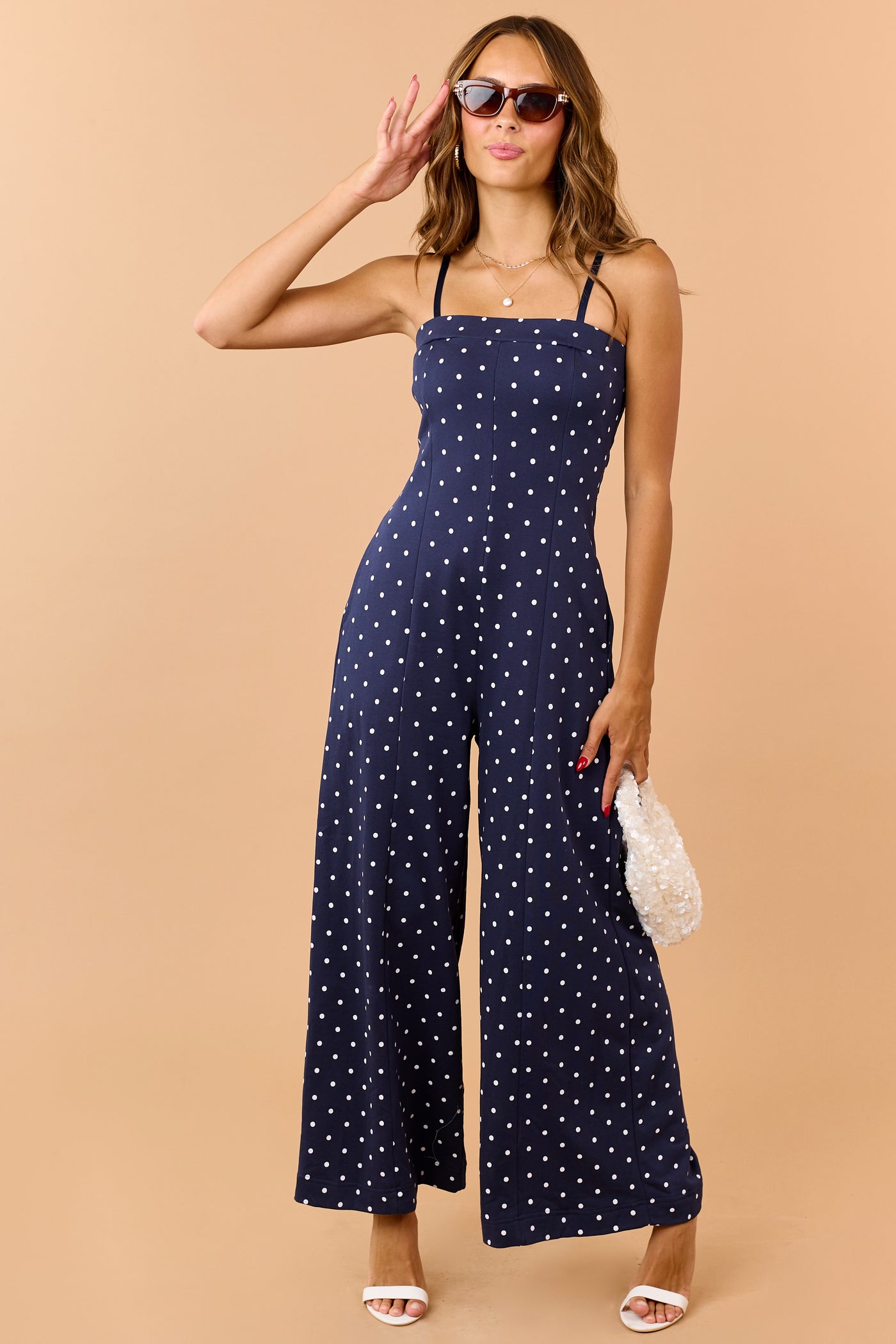 Navy and White Polka Dot Knit Wide Leg Jumpsuit