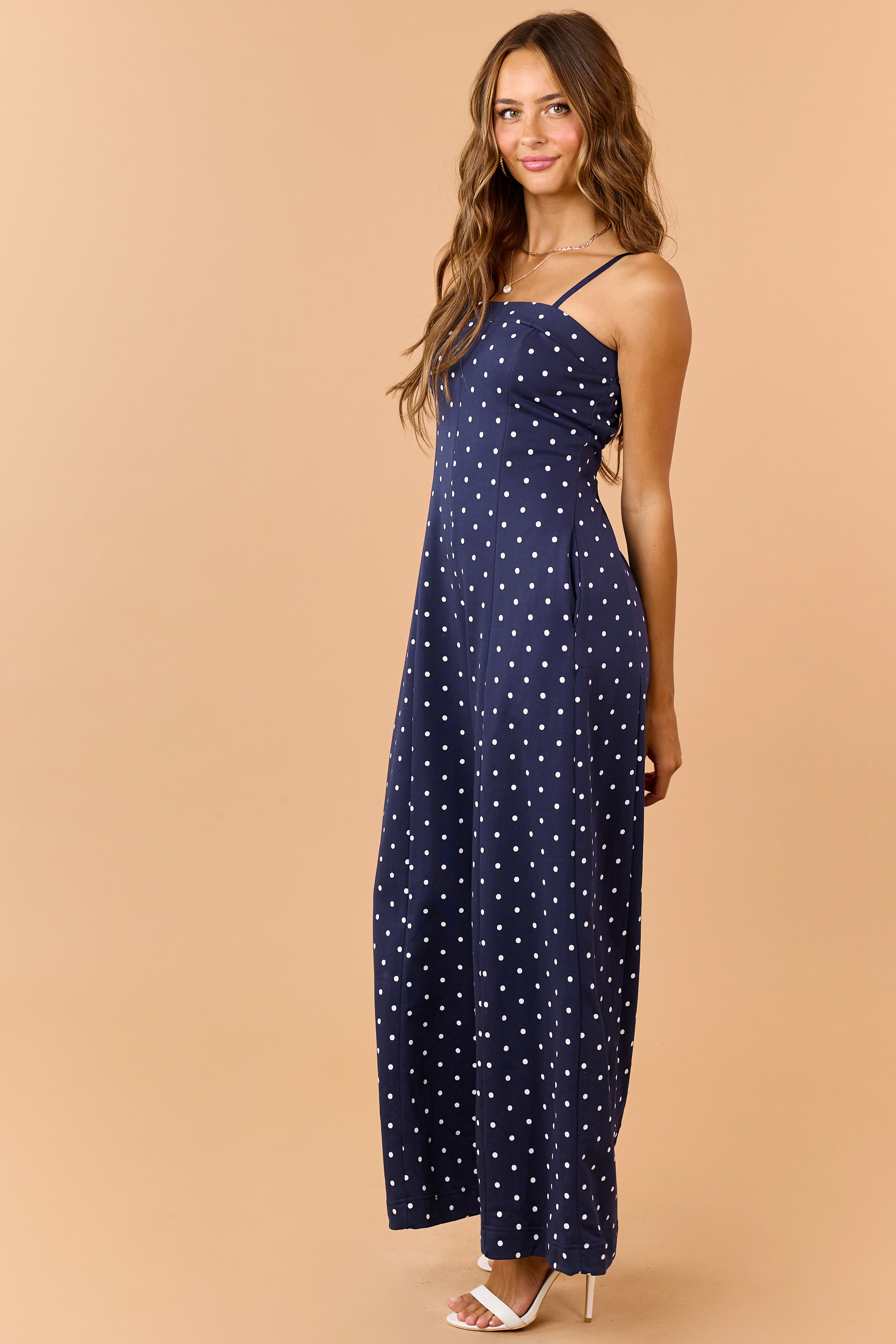 Navy and White Polka Dot Knit Wide Leg Jumpsuit