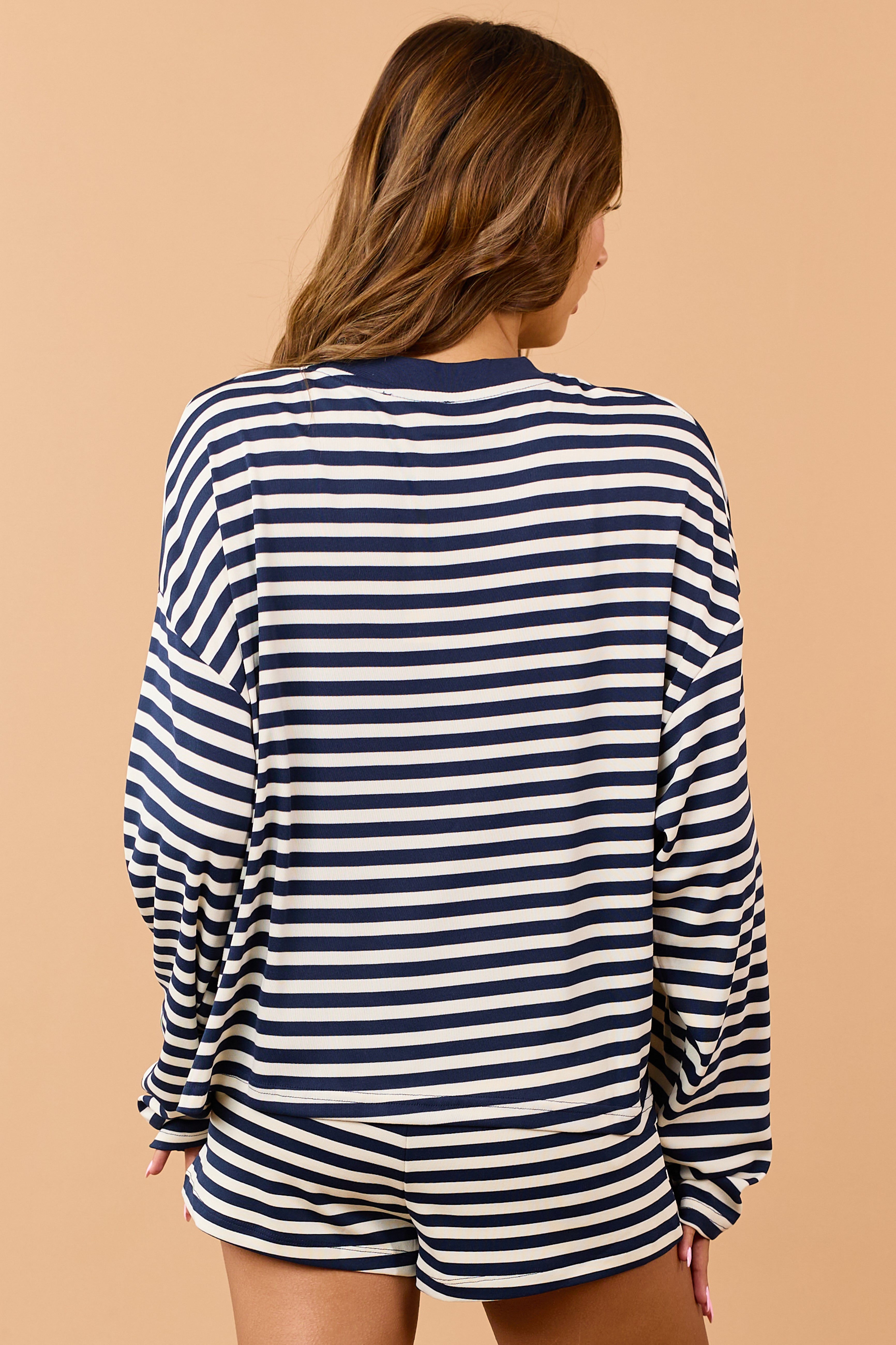 Navy and White Rib Knit Striped Long Sleeve Top