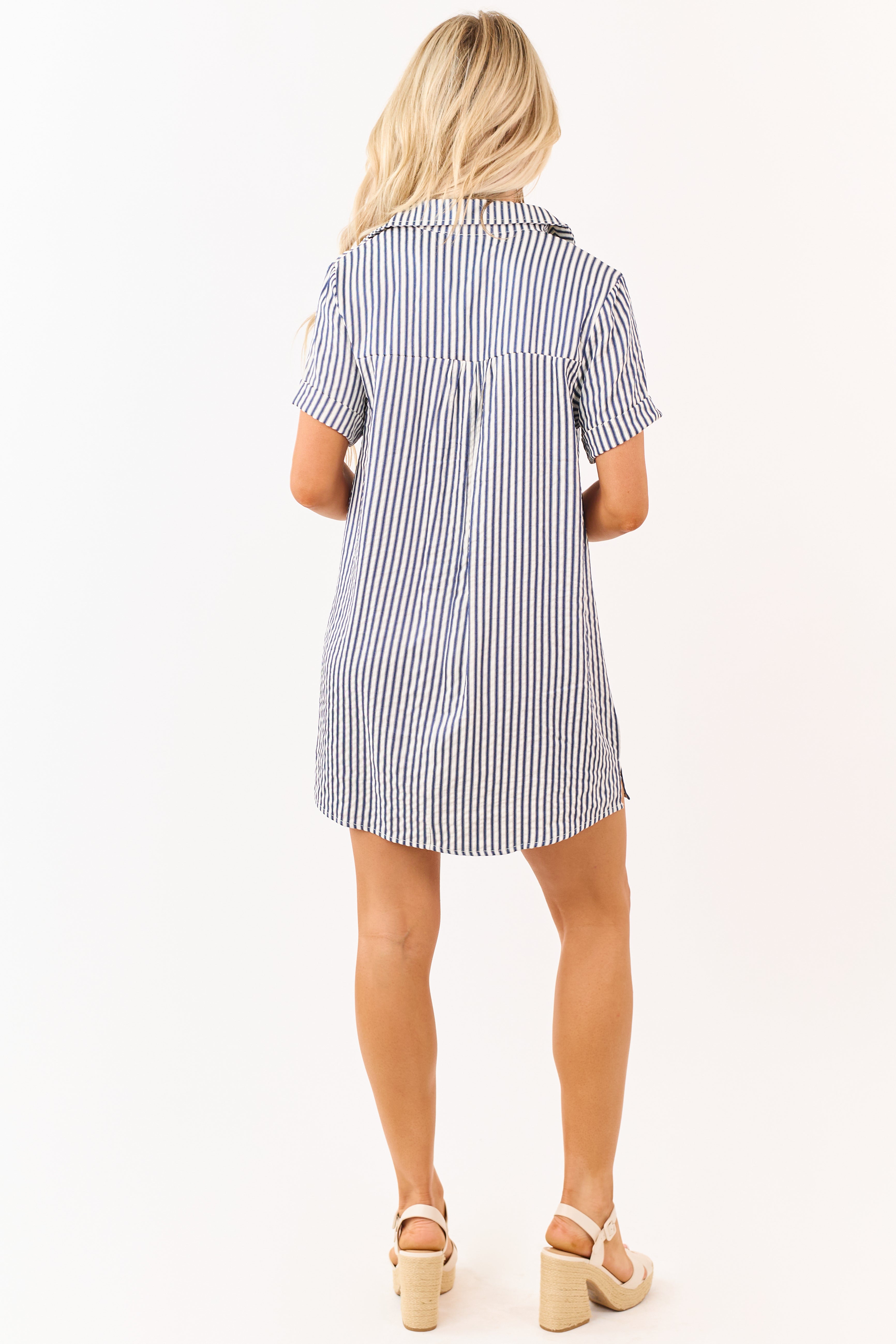 Navy and White Striped Button Up Mini Shirt Dress