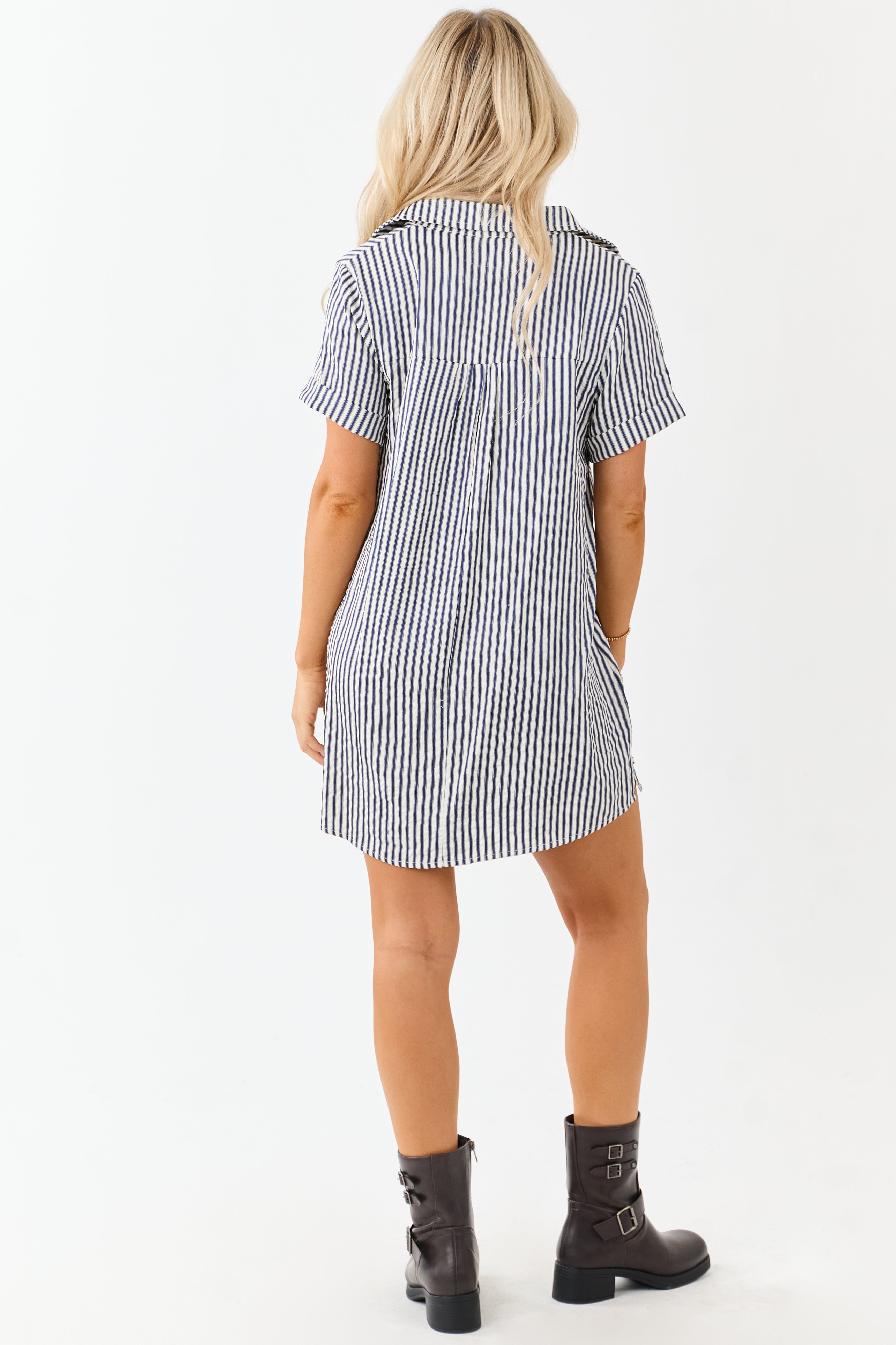 Navy and White Striped Button Up Mini Shirt Dress