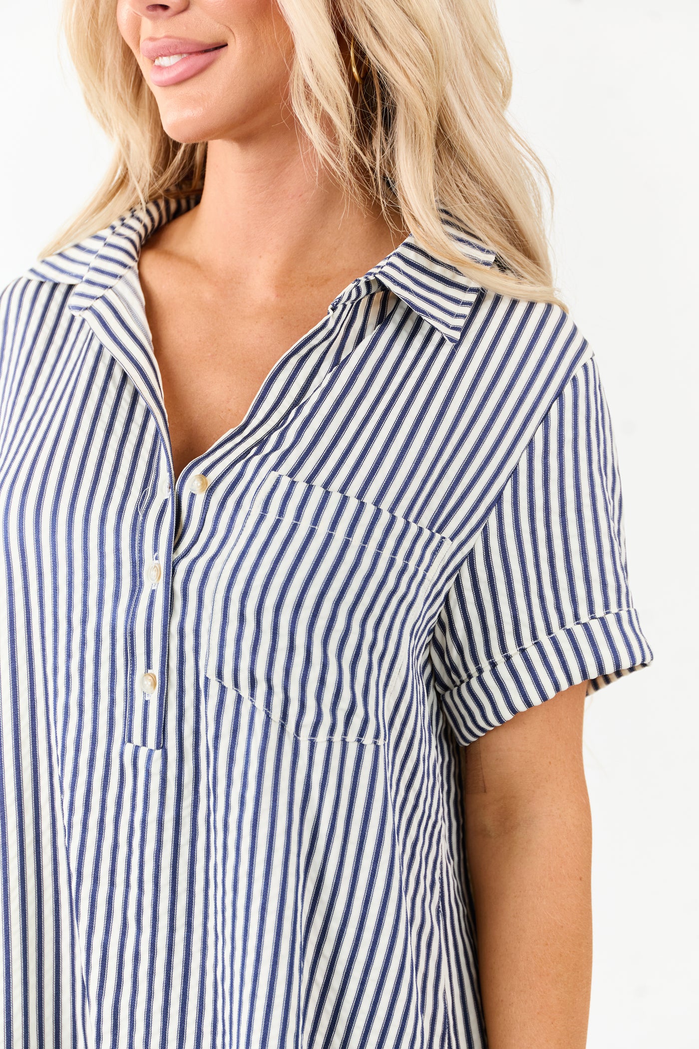 Navy and White Striped Button Up Mini Shirt Dress