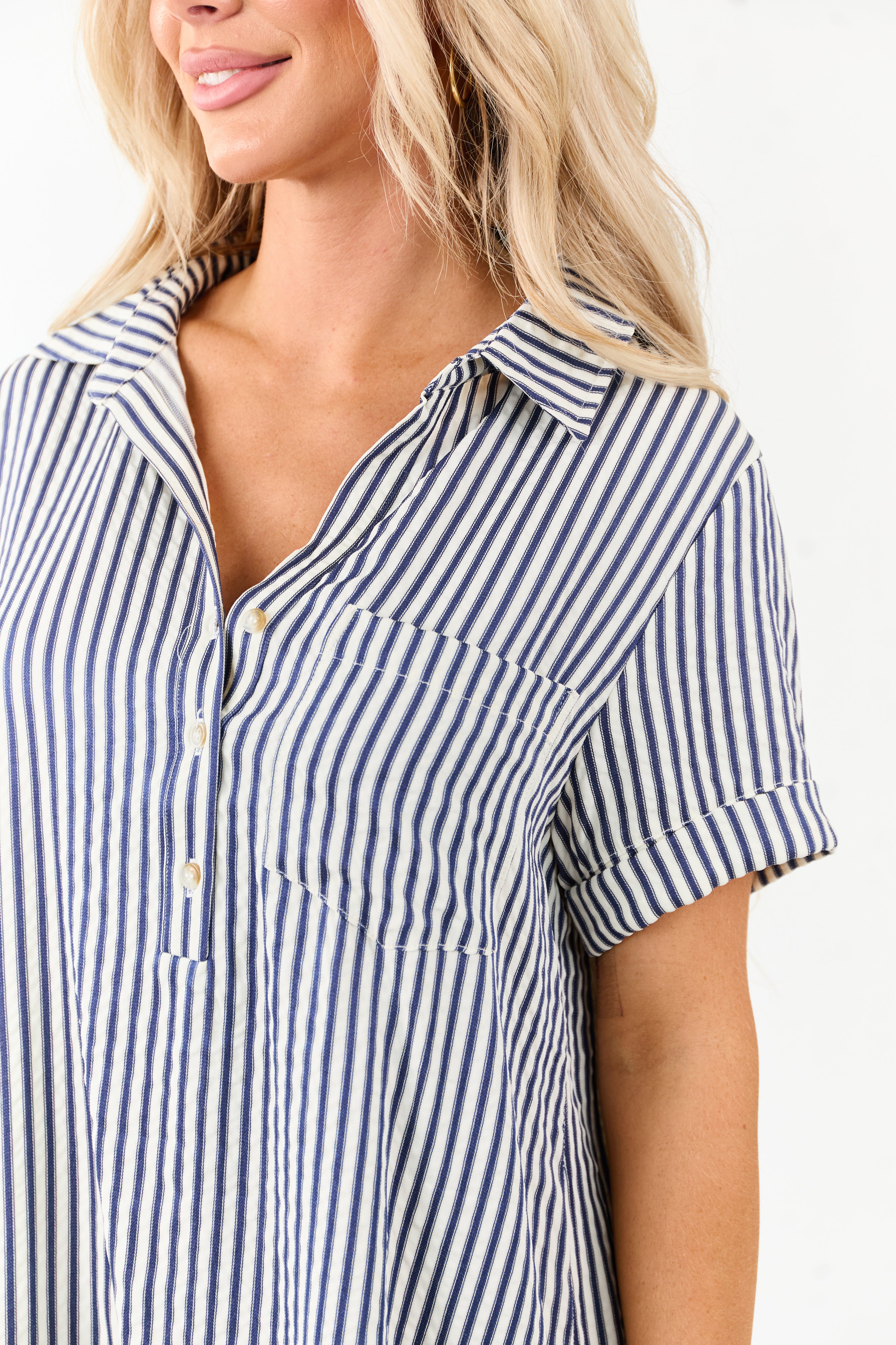 Navy and White Striped Button Up Mini Shirt Dress