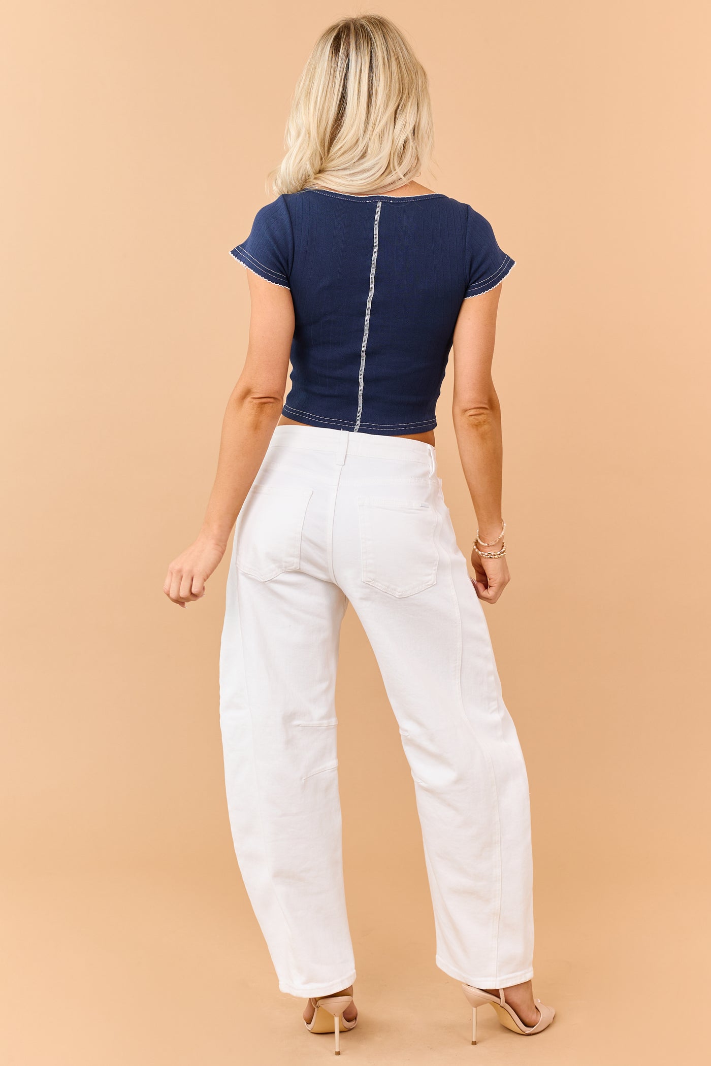 Navy Pointelle Cotton Knit Scalloped Trim Top