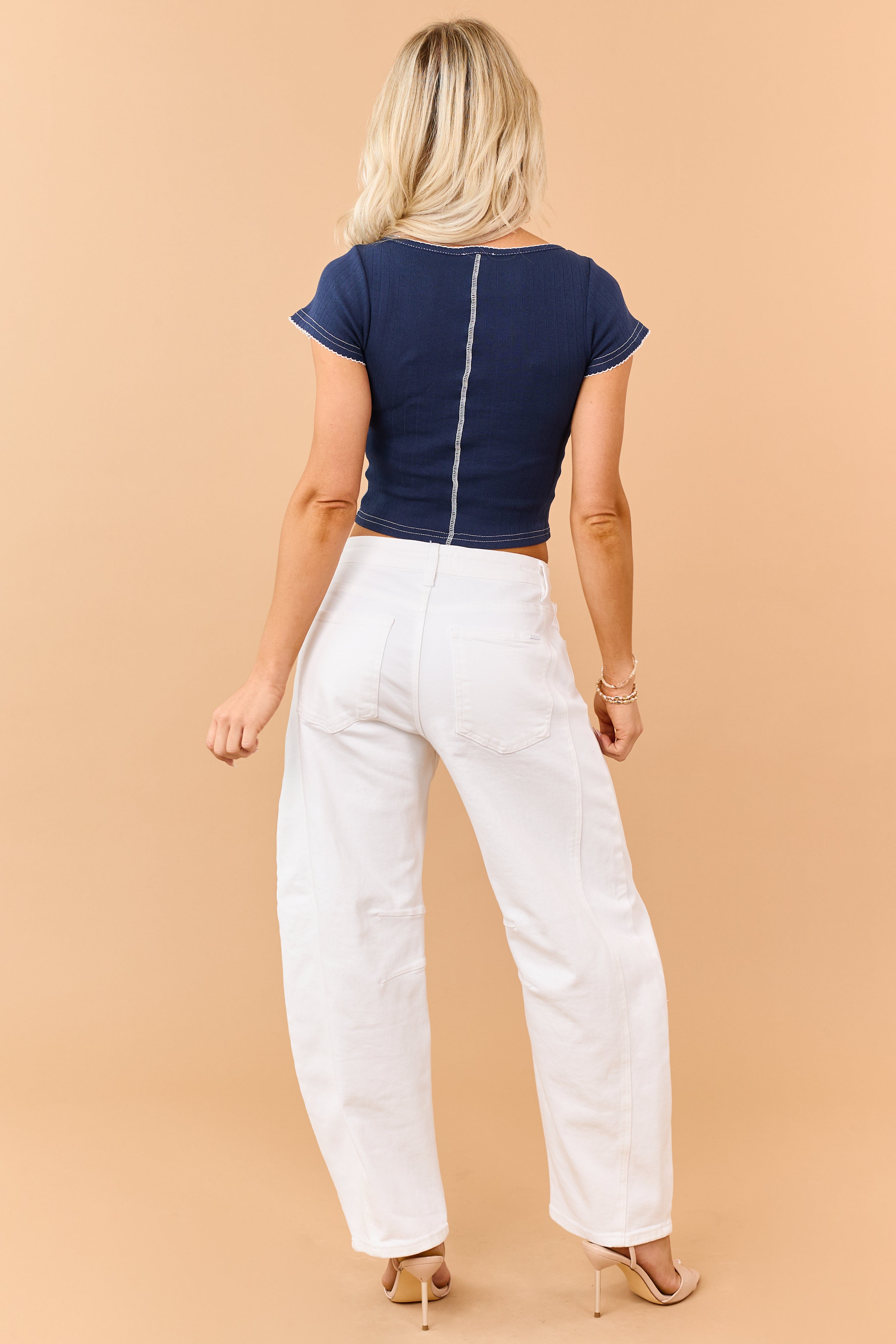 Navy Pointelle Cotton Knit Scalloped Trim Top