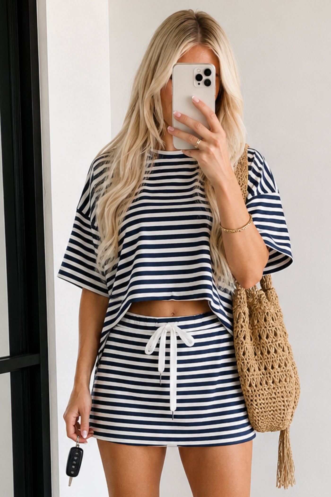 Navy and Ivory Striped Crew Neck Short Sleeve Top