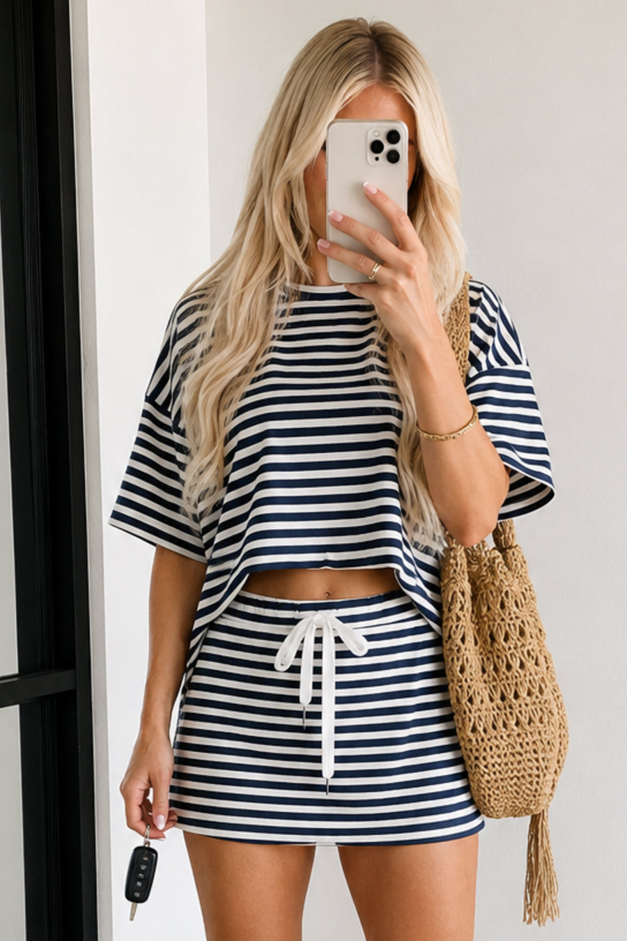 Navy and Ivory Striped Crew Neck Short Sleeve Top