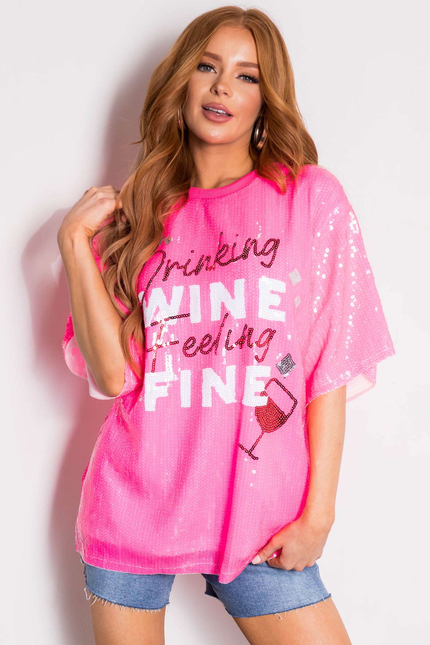 Neon Hot Pink 'Drinking Wine' Sequined Top