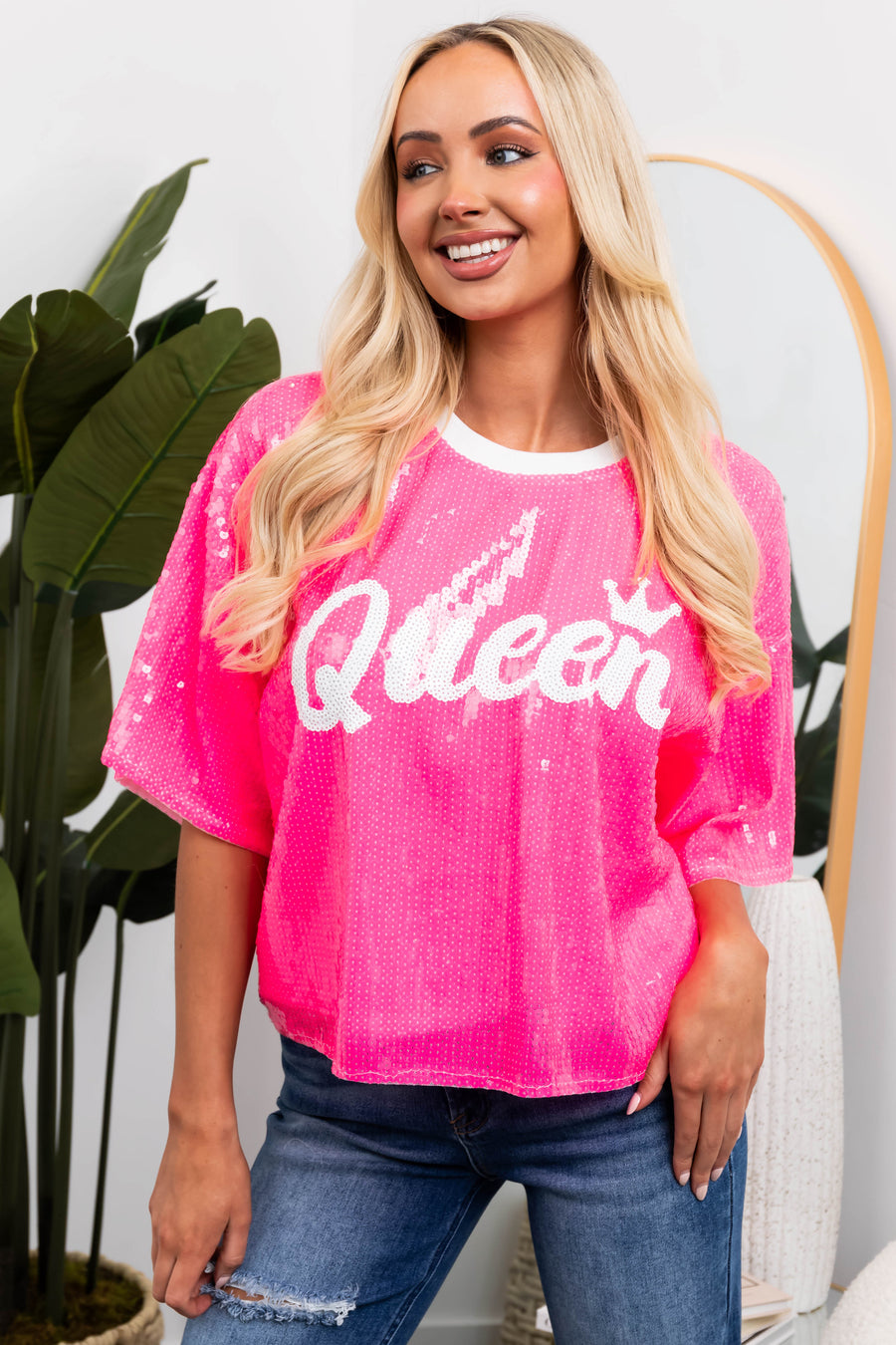 Neon Hot Pink 'Queen' Sequined Half Sleeve Top