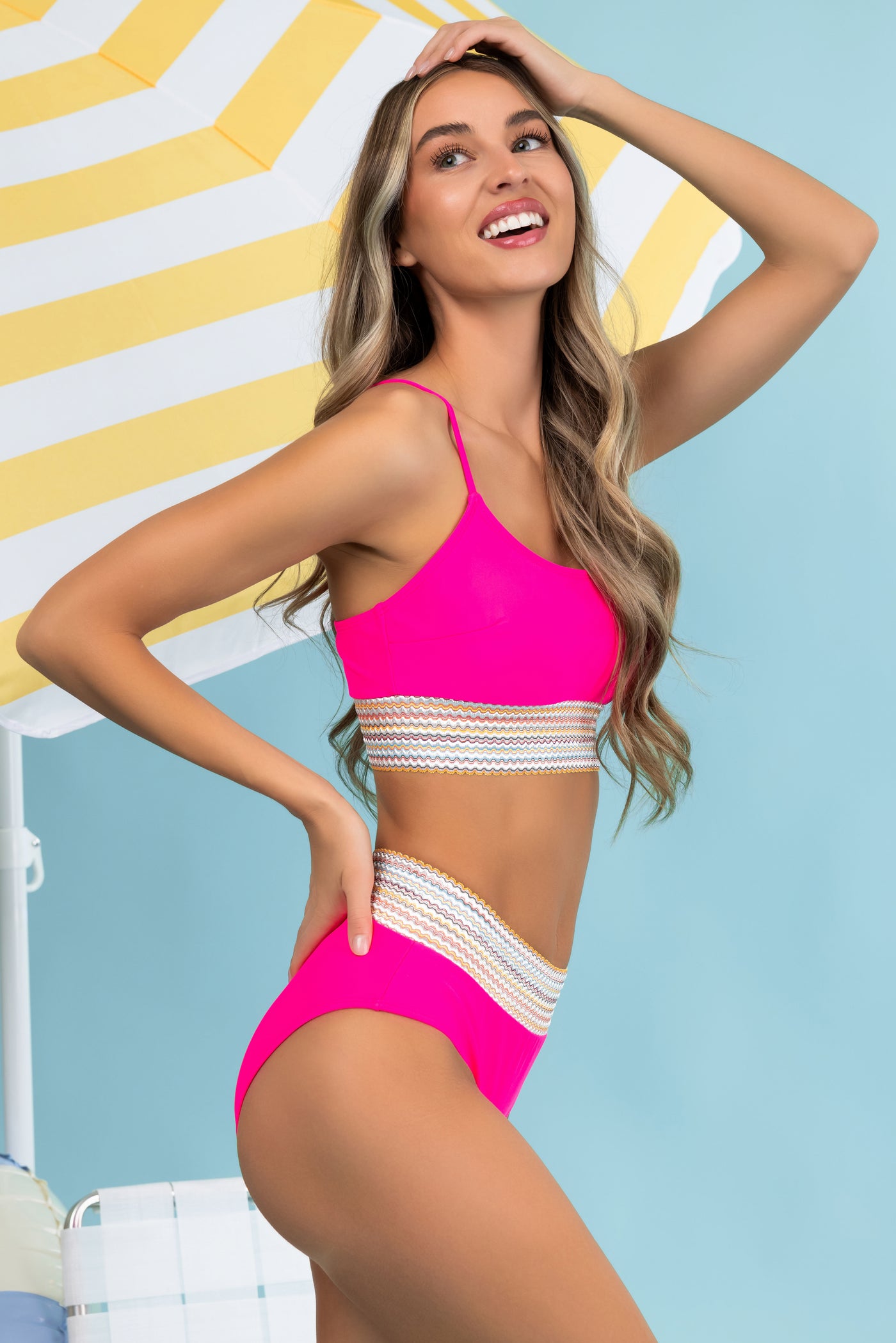 Neon Magenta Bikini with Stripe Trim