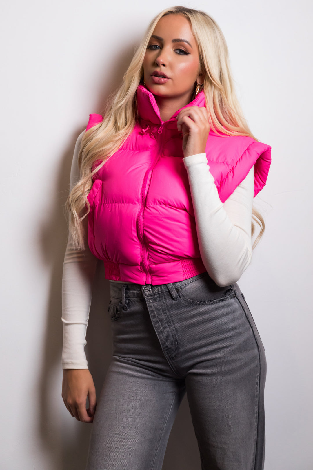 Neon Pink Elastic Hem Zip Up Puffer Vest & Lime Lush