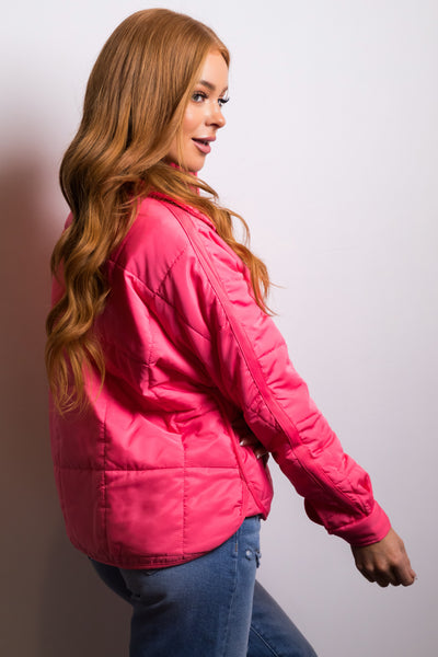 Neon Pink Funnel Neck Zip Up Puffer Jacket