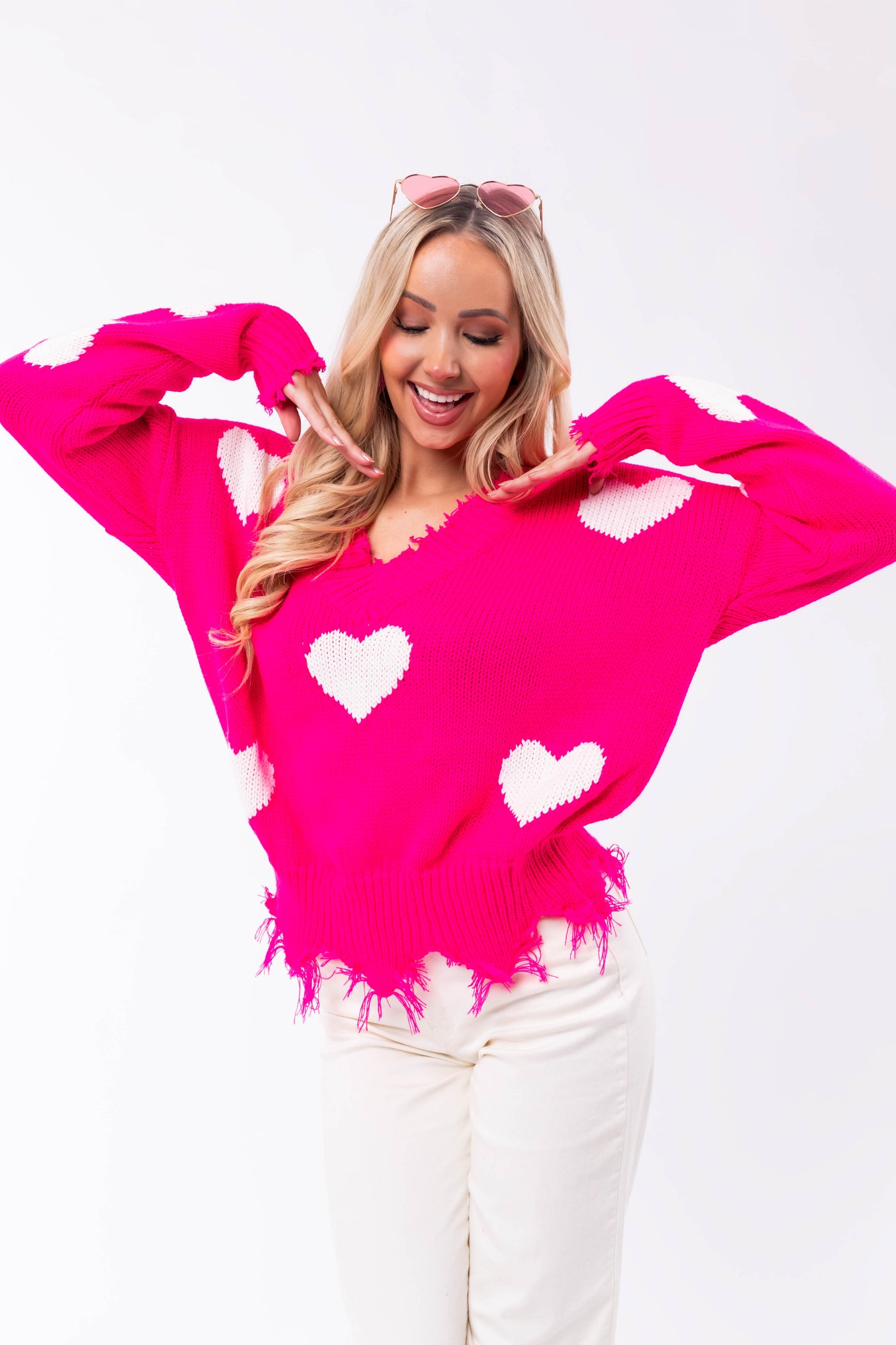 Neon Pink Heart Print Distressed Trim Sweater