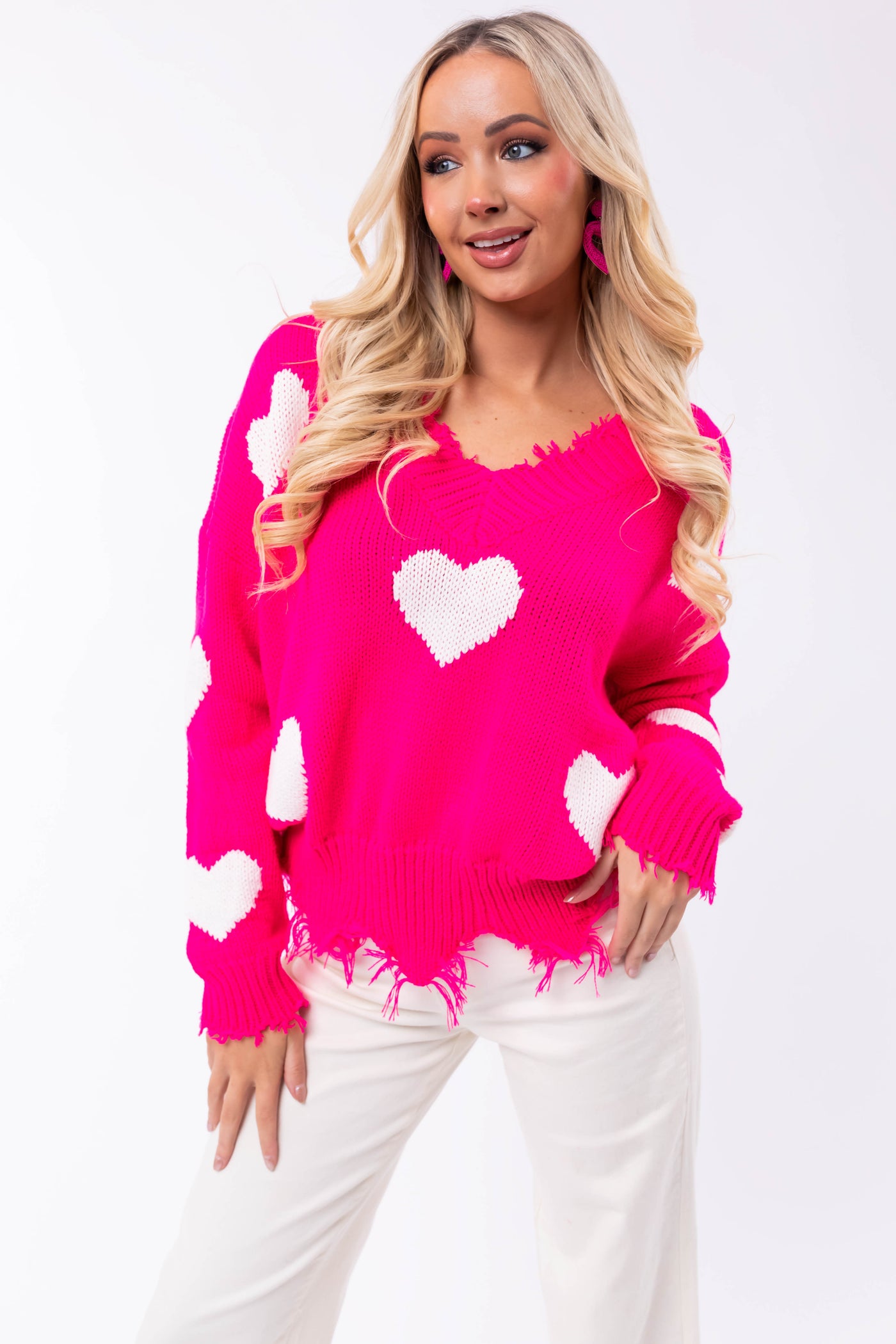 Neon Pink Heart Print Distressed Trim Sweater