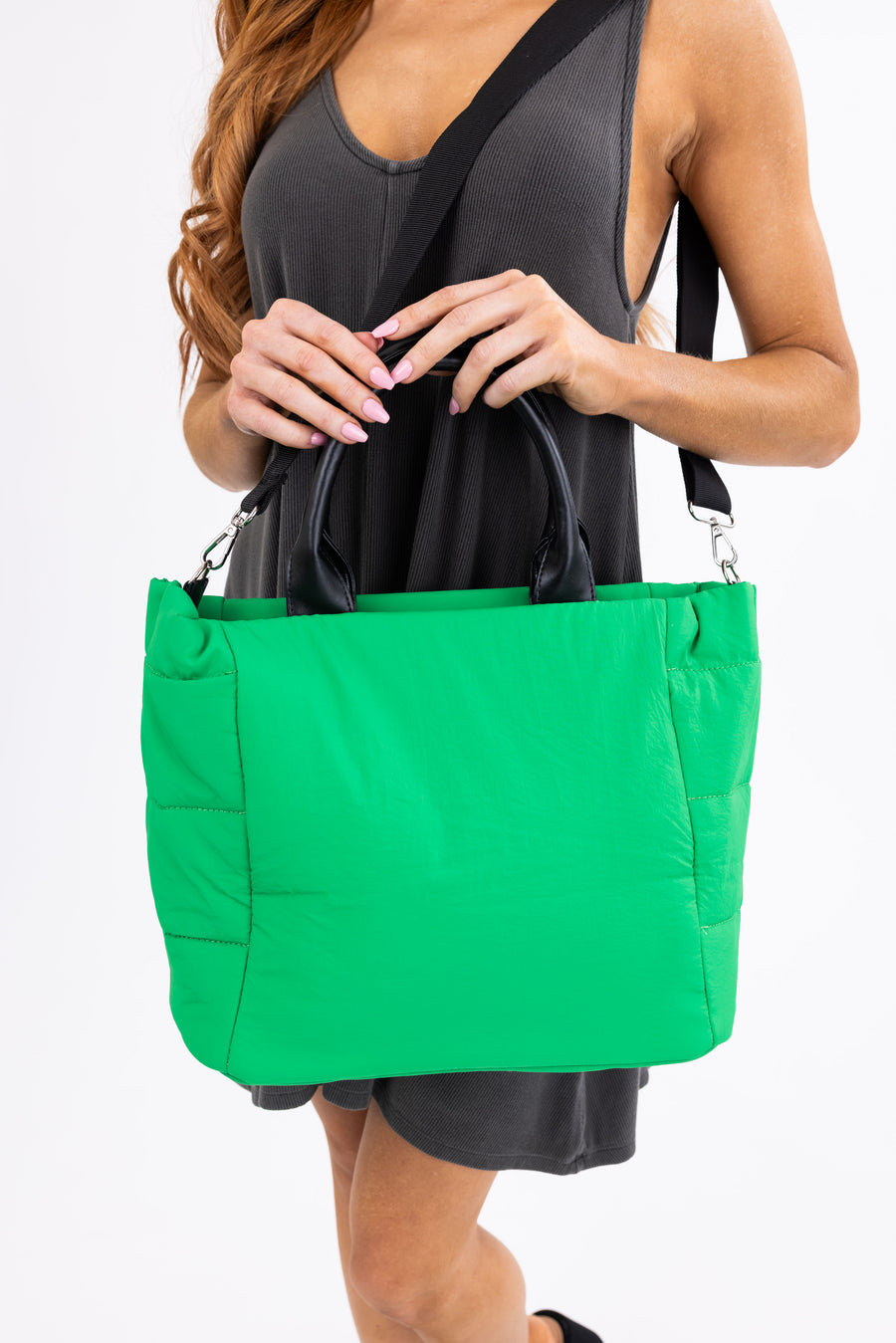 Neon Jade Faux Leather Handled Nylon Tote Bag