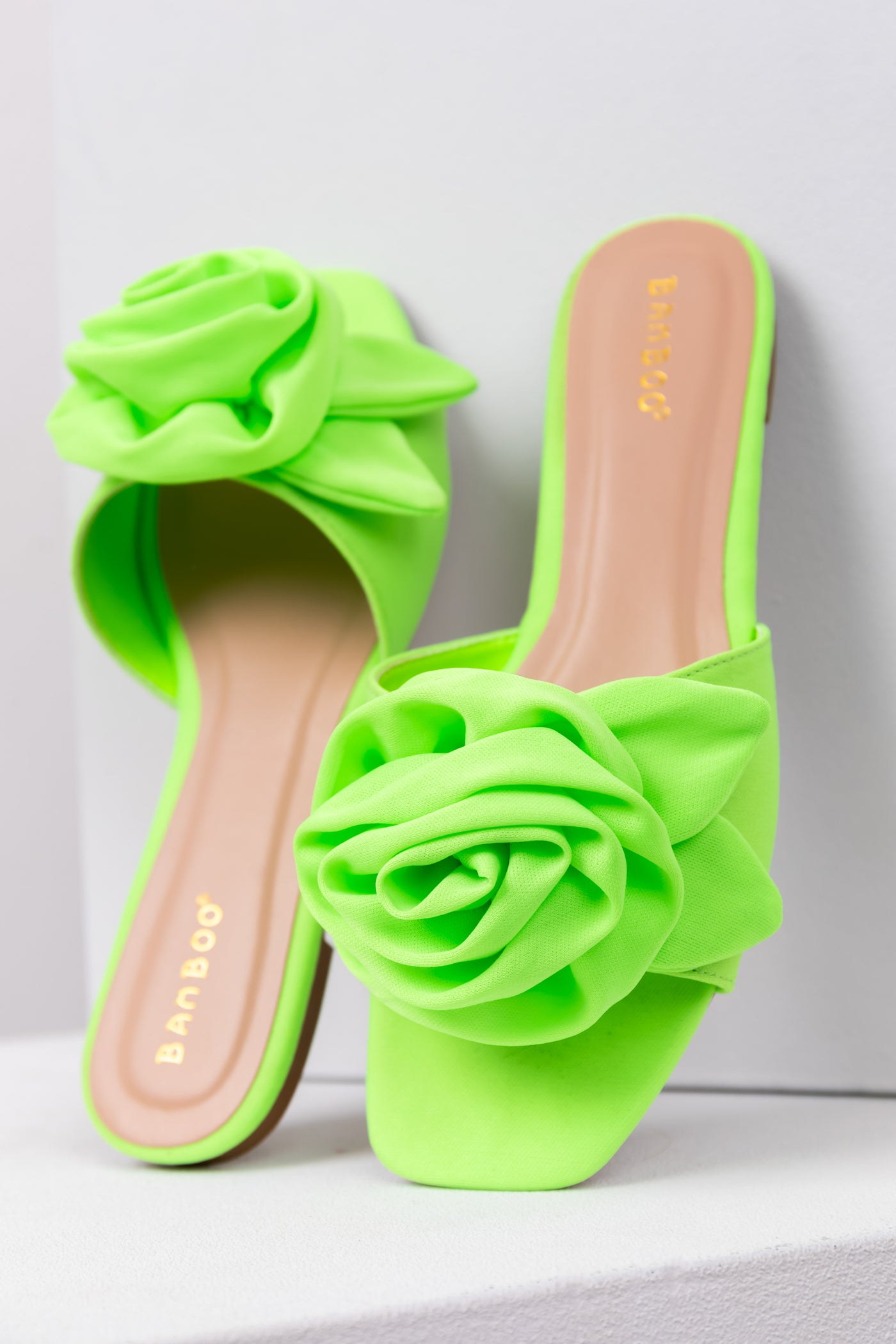 Neon Lime Rose Strap Square Toe Sandals