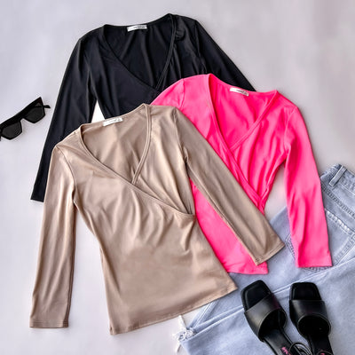 Neon Pink 3/4 Sleeve Surplice Brushed Knit Top