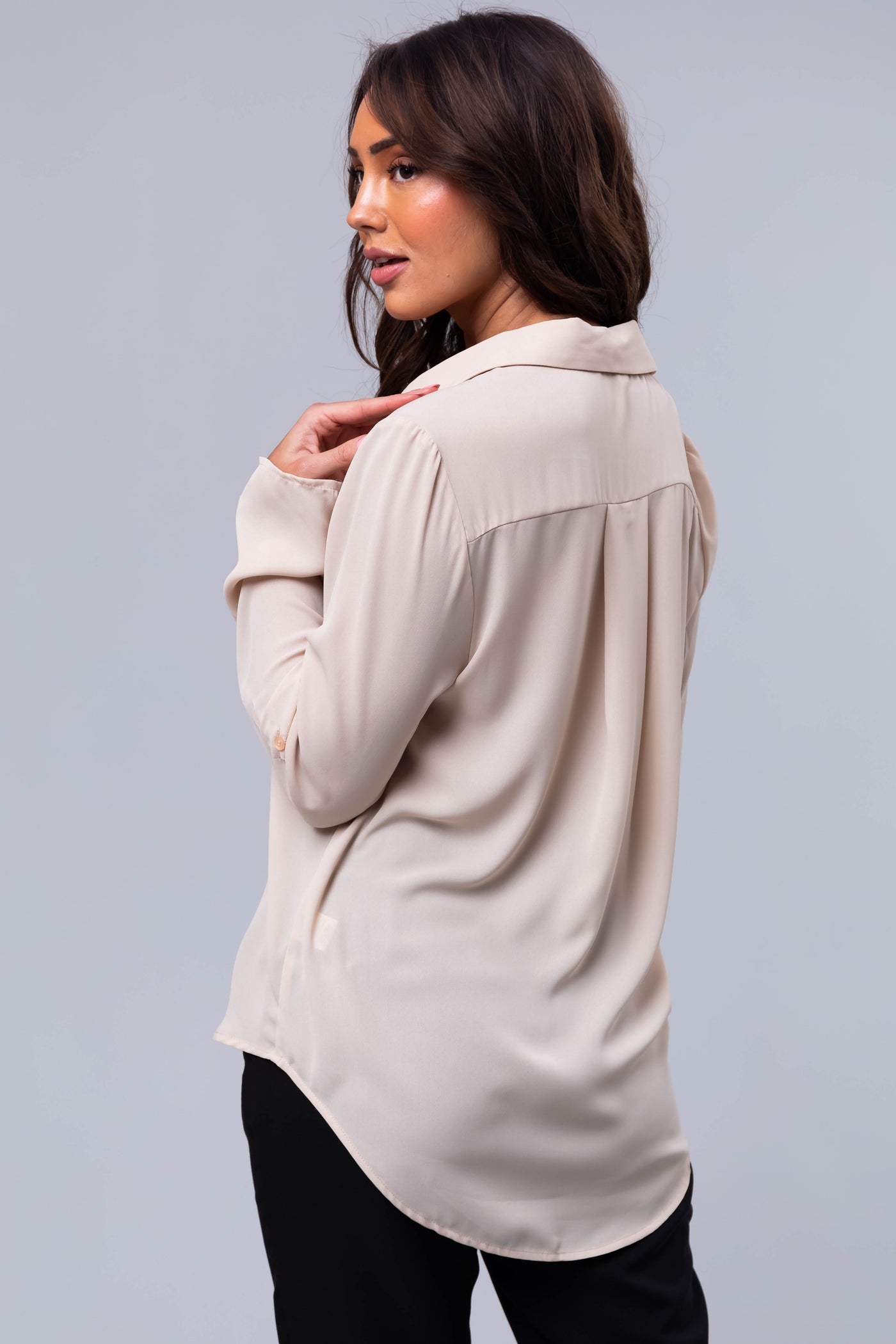Nude Chest Pocket Collared Blouse