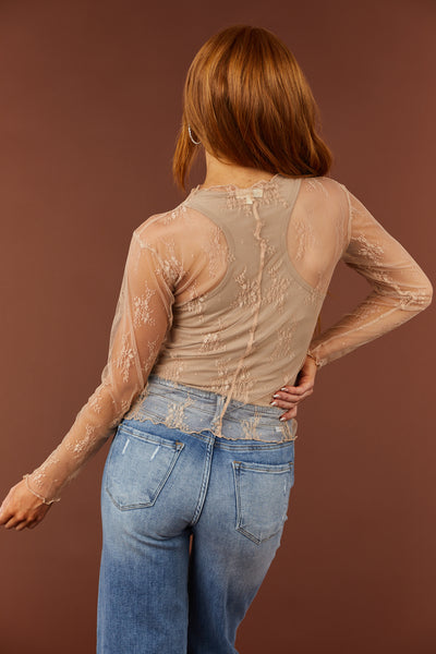 Nude Floral Sheer Lace Mesh Long Sleeve Top