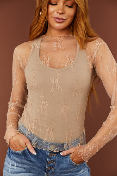 Nude Floral Sheer Lace Mesh Long Sleeve Top