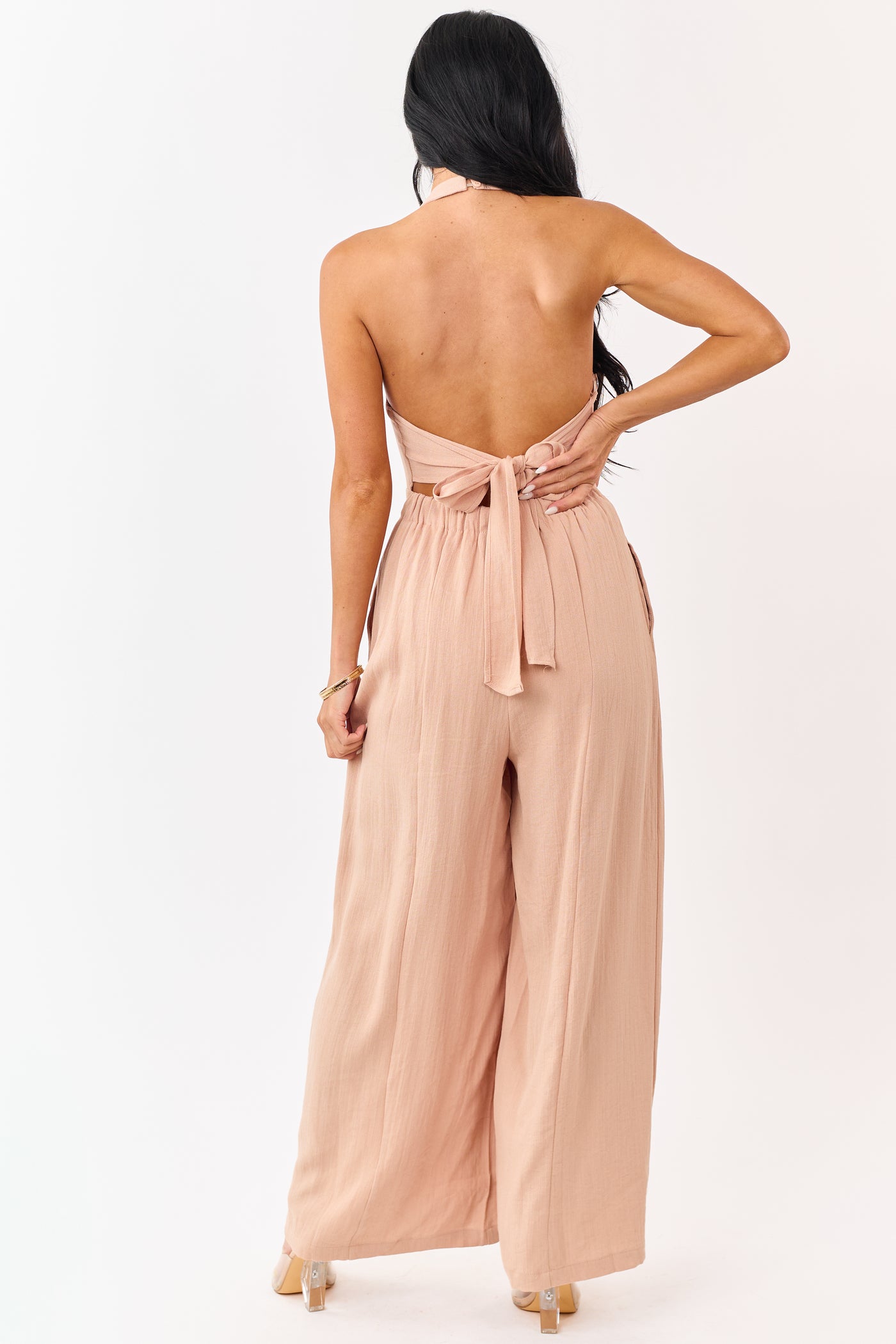 Nude Halter Neck Buttoned Wide Leg Jumpsuit