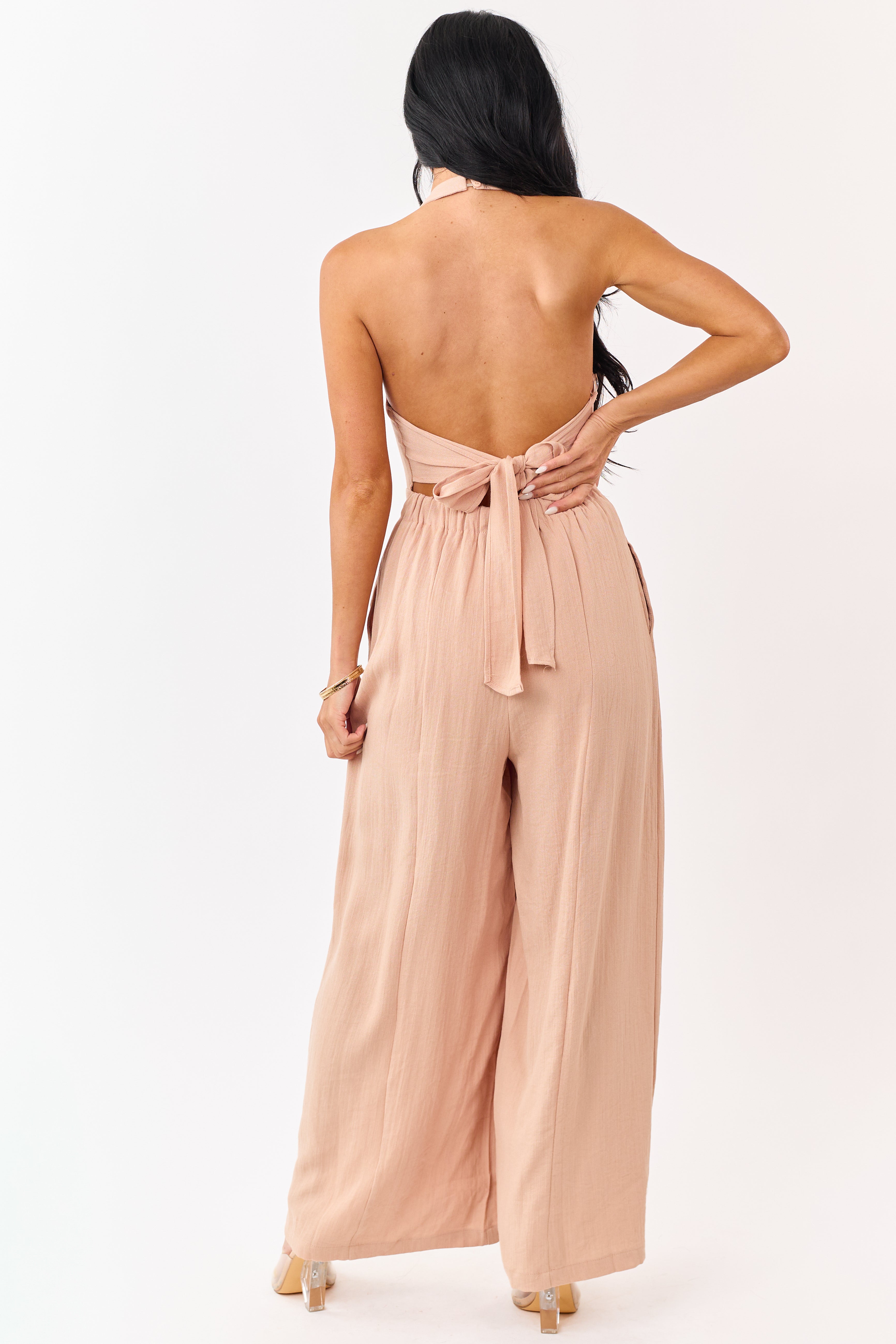 Nude Halter Neck Buttoned Wide Leg Jumpsuit