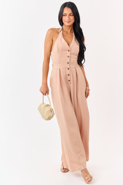 Nude Halter Neck Buttoned Wide Leg Jumpsuit