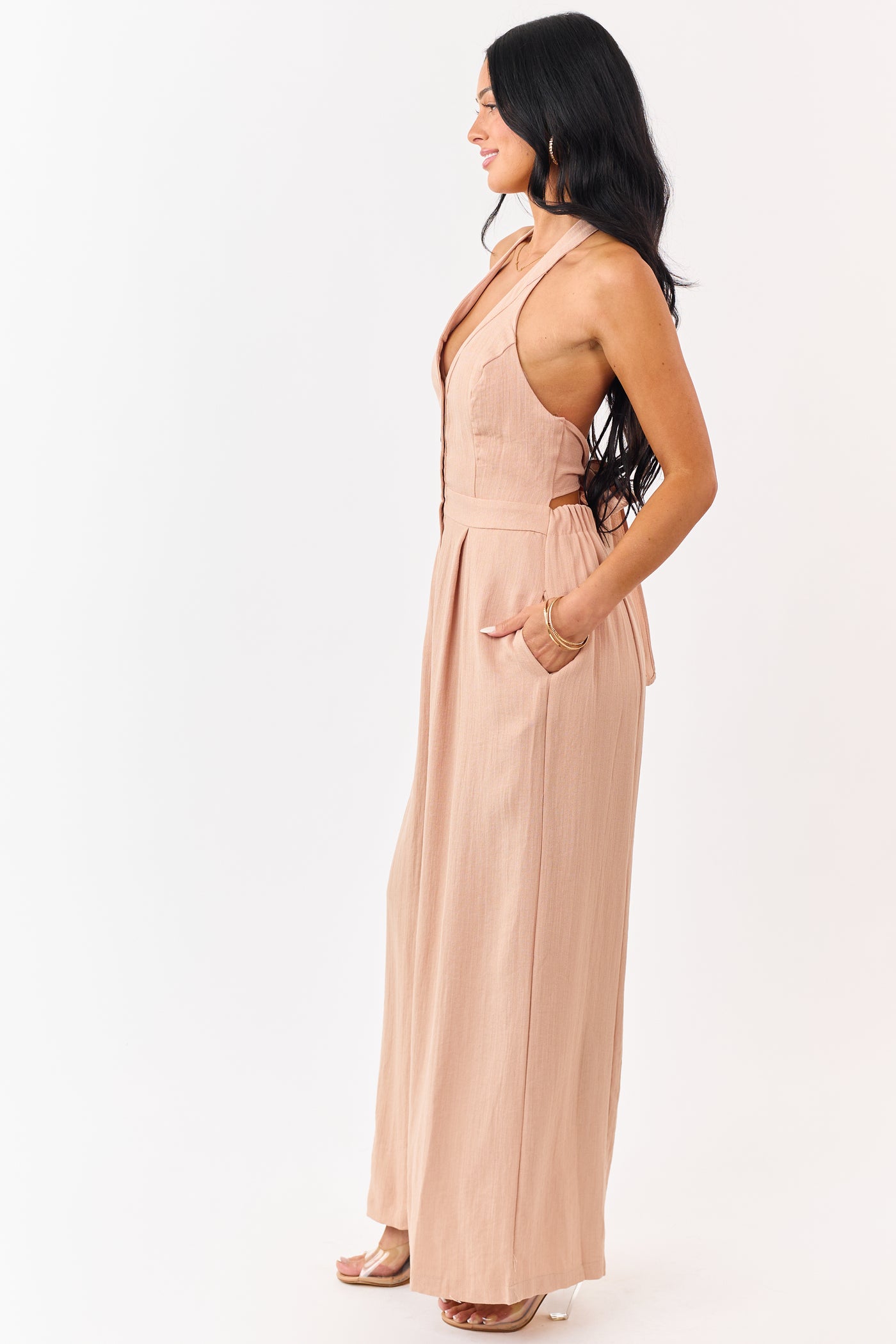Nude Halter Neck Buttoned Wide Leg Jumpsuit
