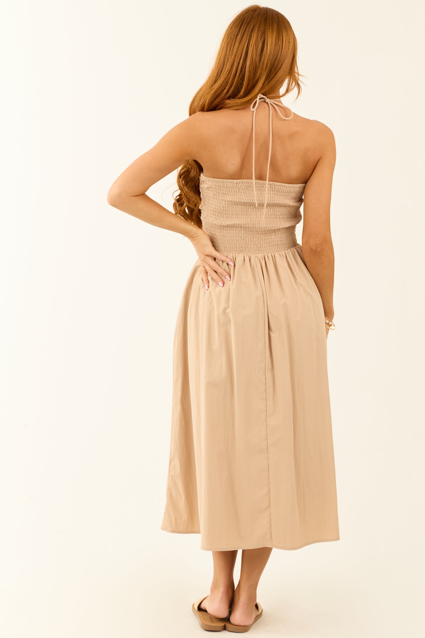 Nude Halter Neck Smocked Back Midi Dress Nude Halter Neck Smocked Back Midi Dress