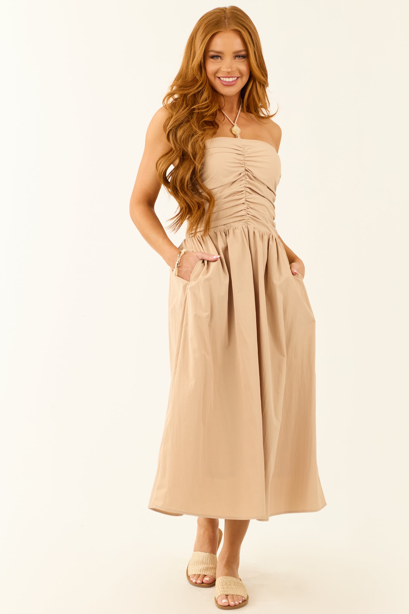 Nude Halter Neck Smocked Back Midi Dress Nude Halter Neck Smocked Back Midi Dress
