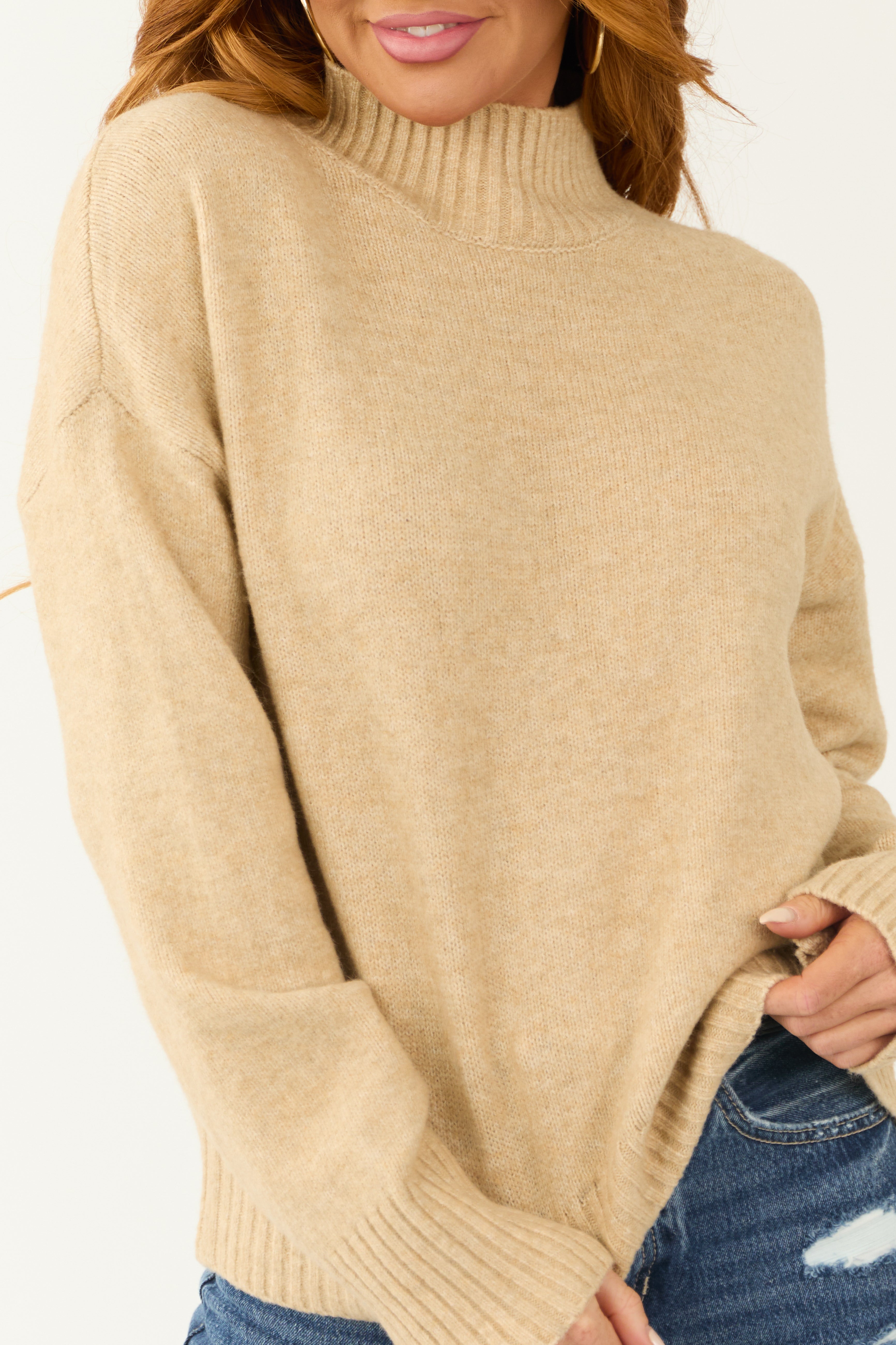Nude Long Sleeve Mock Neck Soft Sweater | Lime Lush Boutique