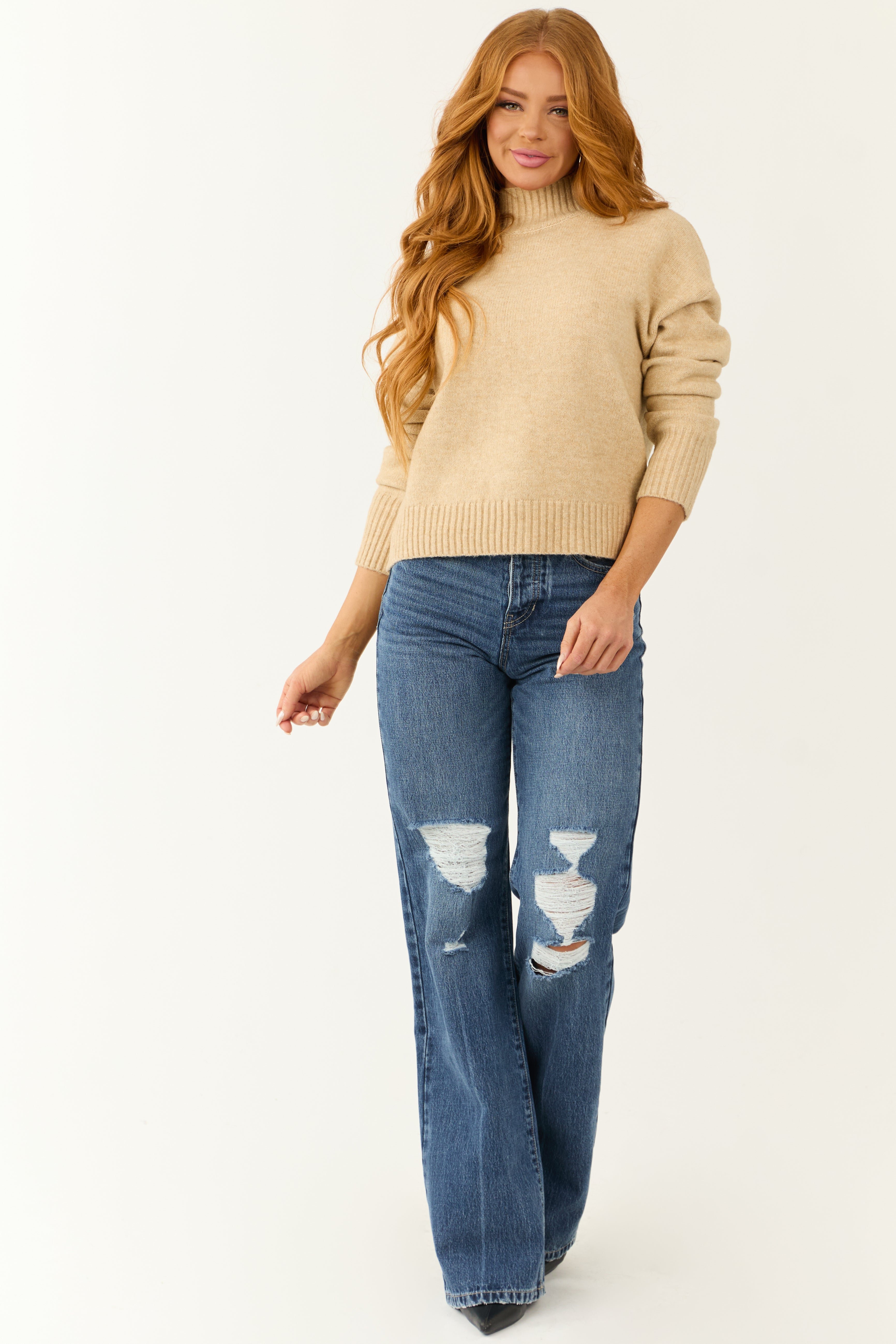Nude Long Sleeve Mock Neck Soft Sweater | Lime Lush Boutique