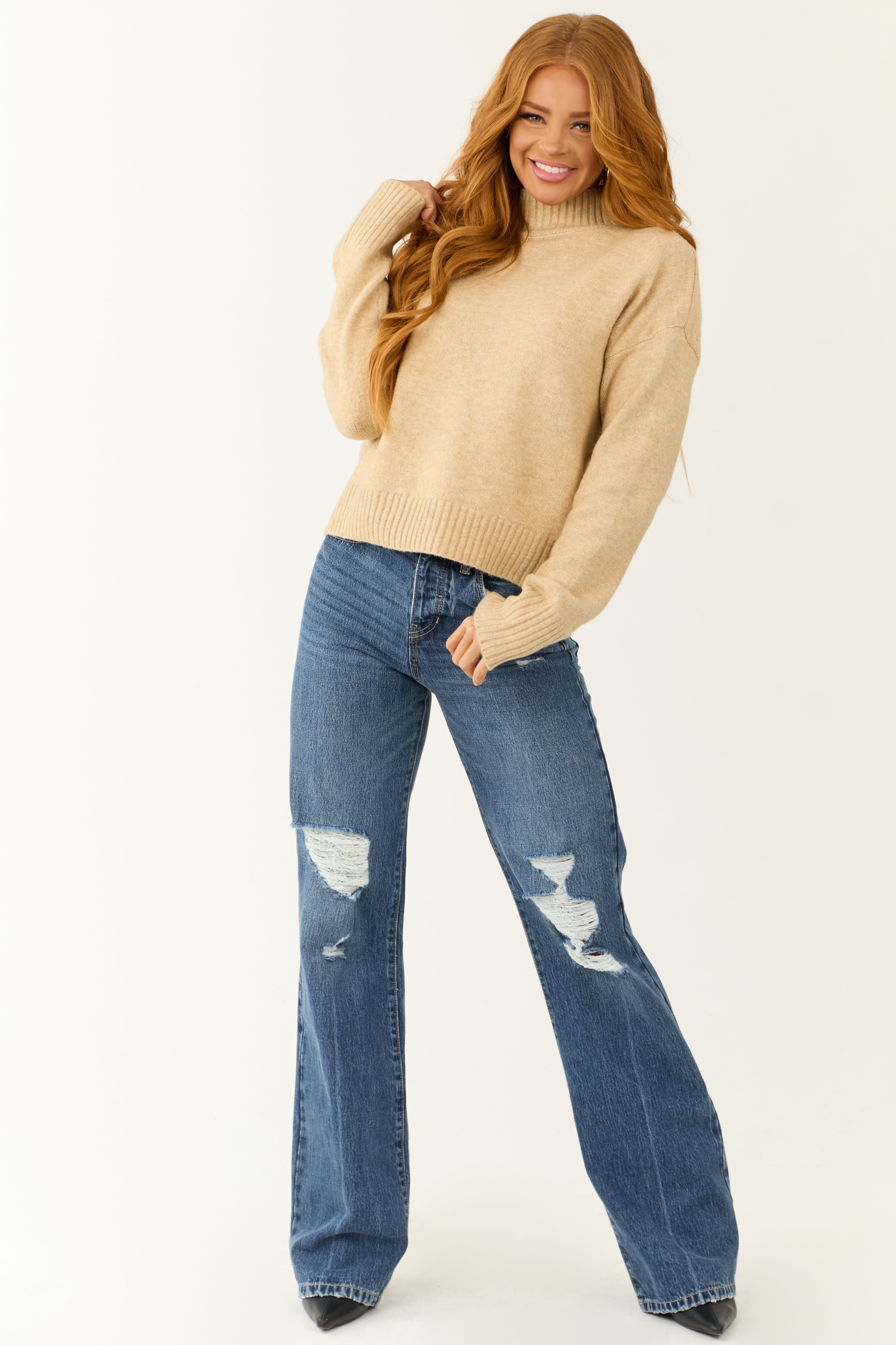 Nude Long Sleeve Mock Neck Soft Sweater | Lime Lush Boutique