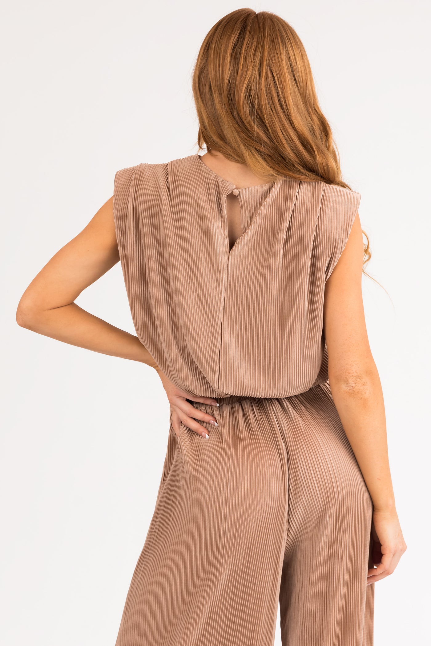 Nude Plisse Round Neck Top with Keyhole Back