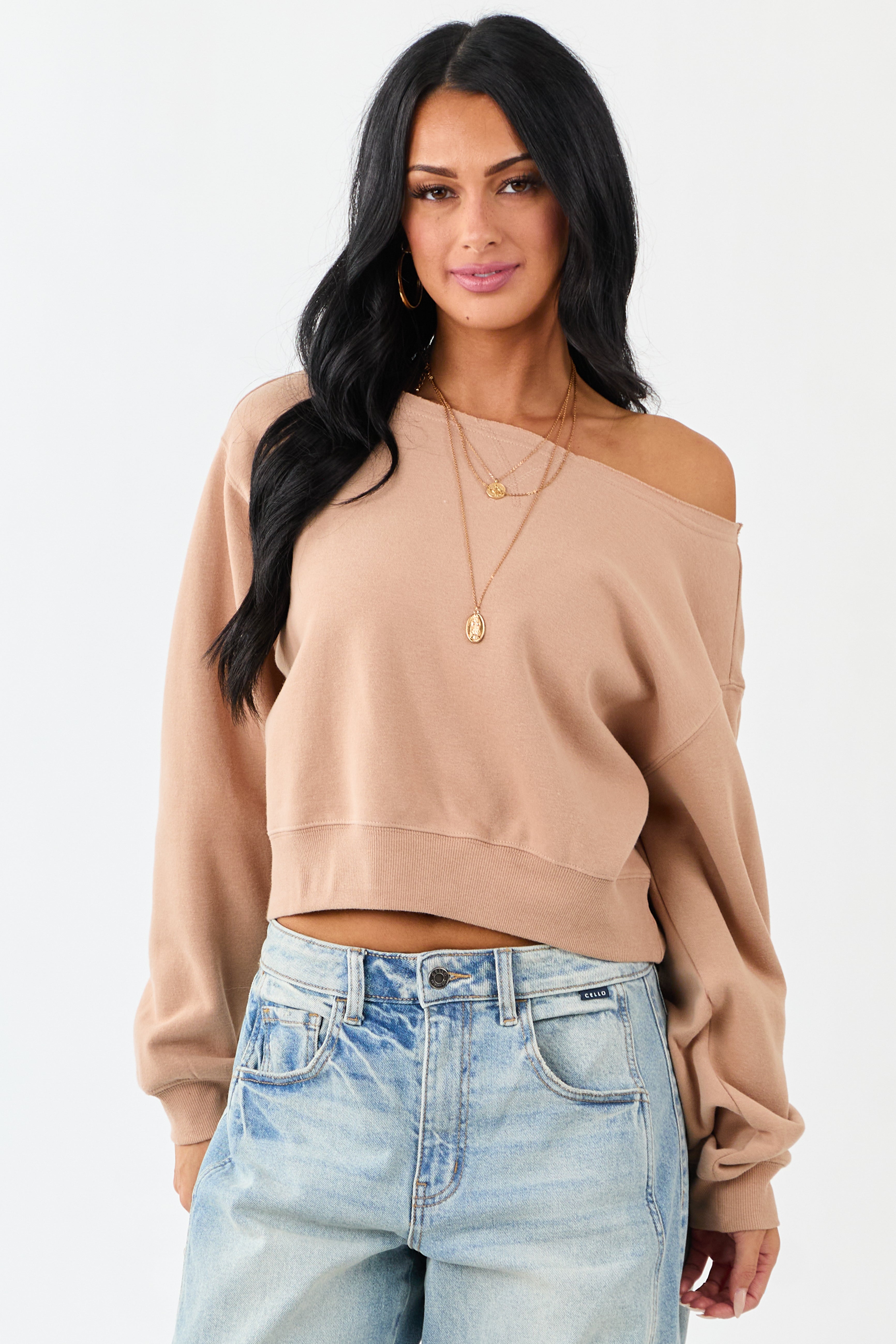 Nude Raw Boat Neck Boxy Pullover Sweatshirt